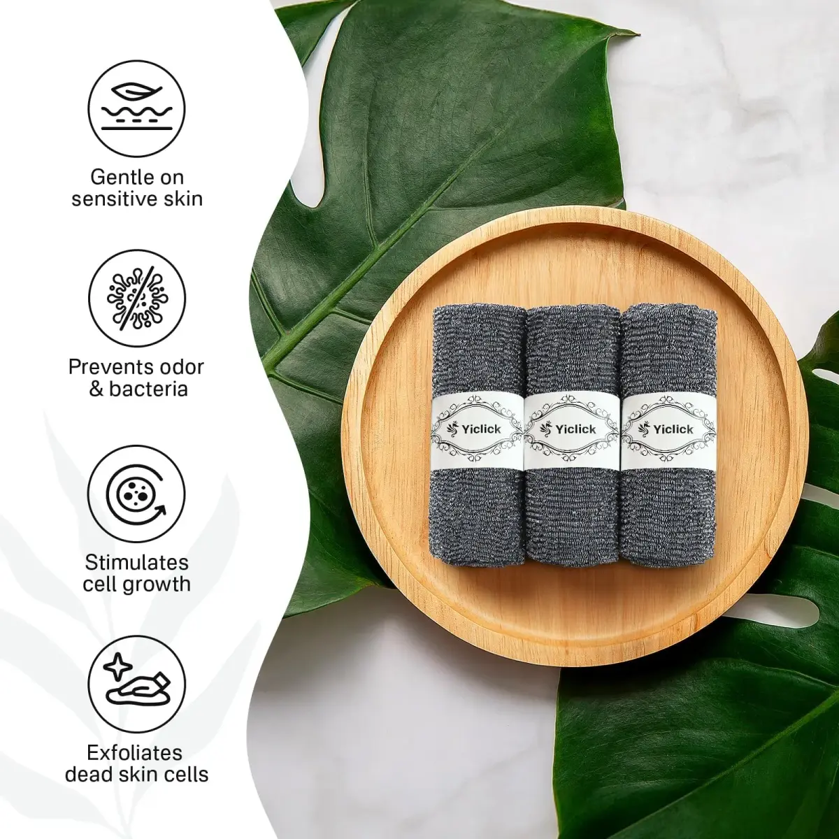 Yiclick Exfoliating Washcloth Towel Set 3 pcs Grey | Japanese Back Scrubber for Deep Exfoliation - view 2