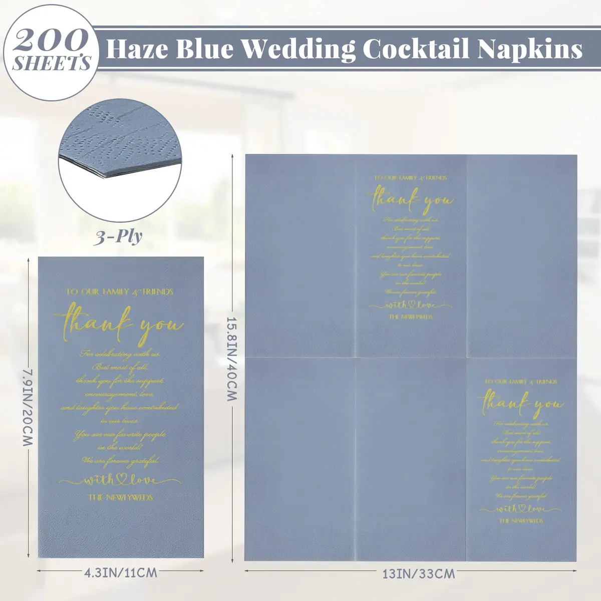 Fumete Disposable Thank You Wedding Napkins 200 Blue 3-Ply | Elegant Wedding & Party Tissues - view 2