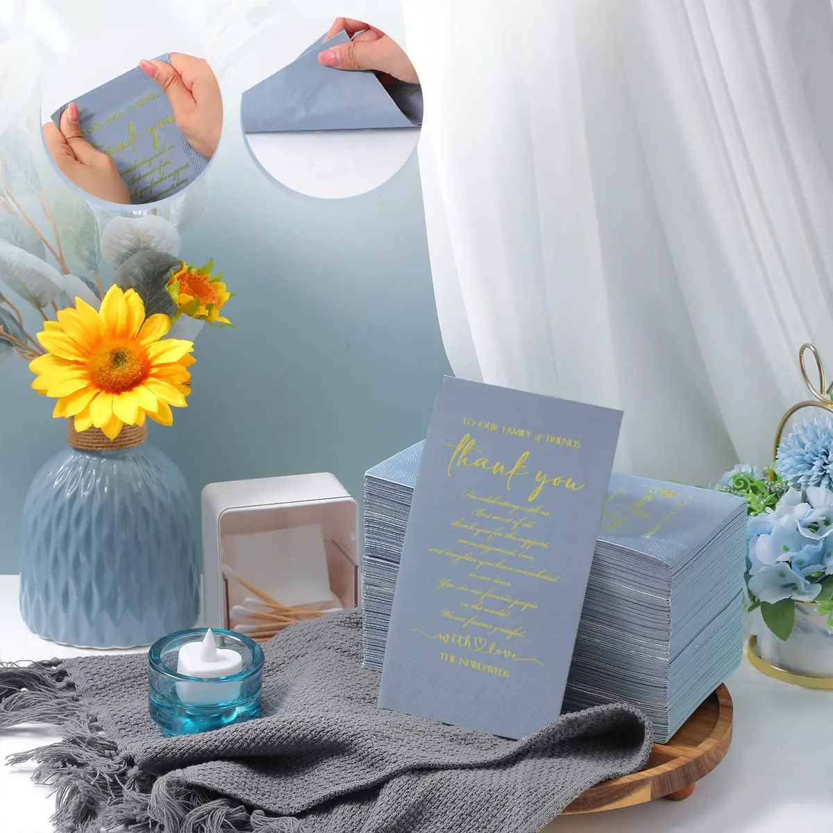 Fumete Disposable Thank You Wedding Napkins 200 Blue 3-Ply | Elegant Wedding & Party Tissues - view 3