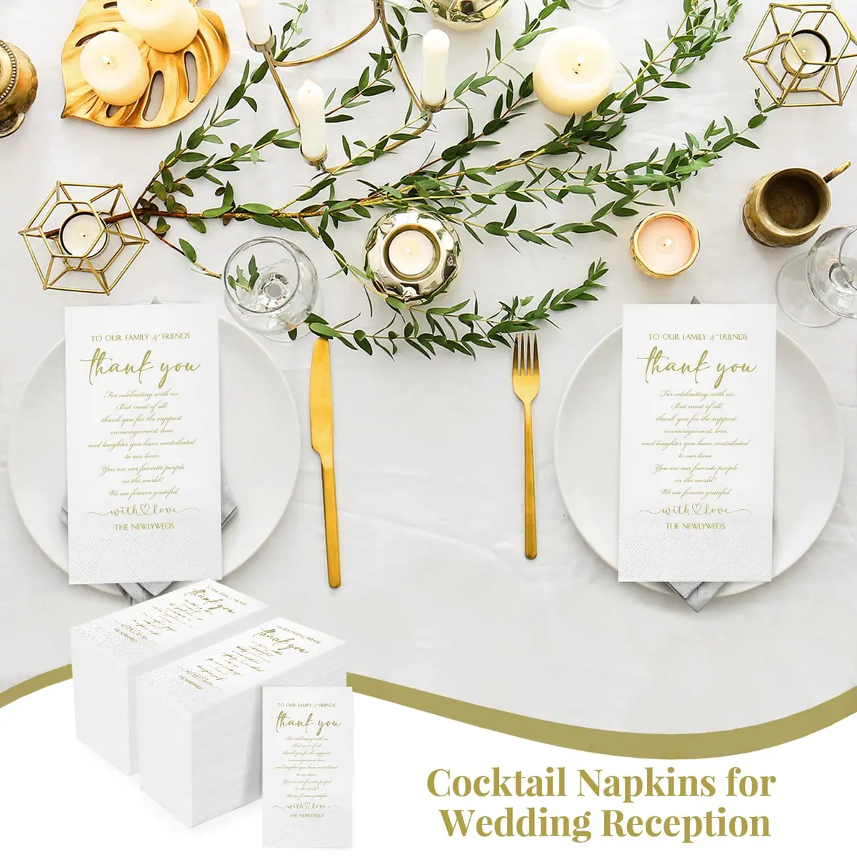 Fumete Disposable Thank You Wedding Napkins 3 Ply | Elegant White 13 x 15.8 inches (100 words) - view 5