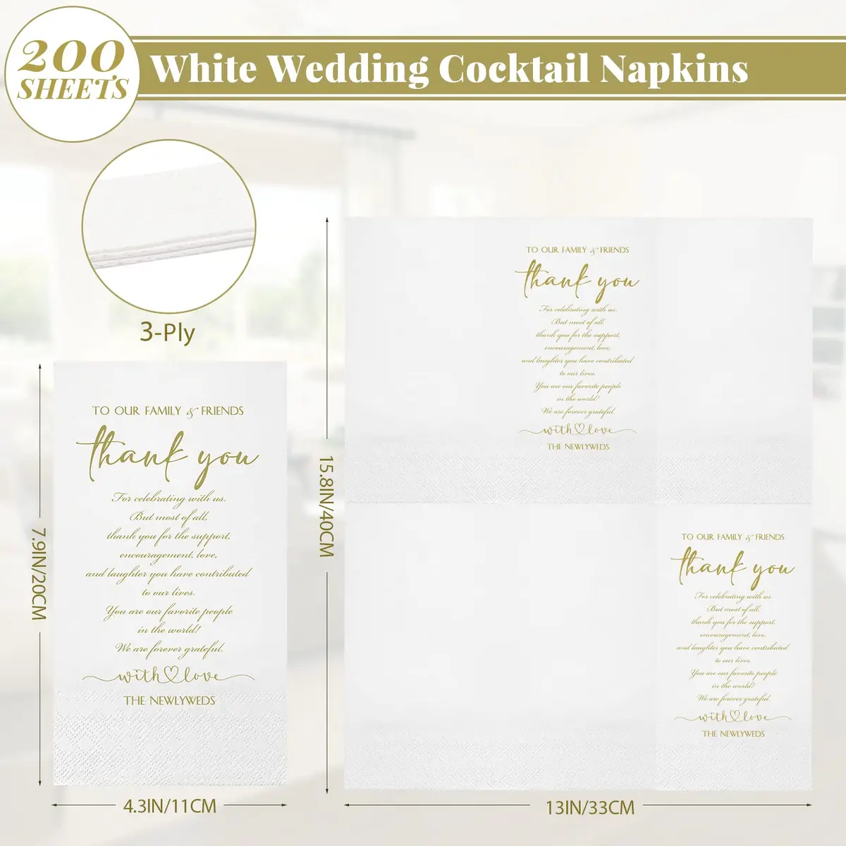 Fumete Disposable Thank You Wedding Napkins 3 Ply | Elegant White 13 x 15.8 inches (100 words) - view 2