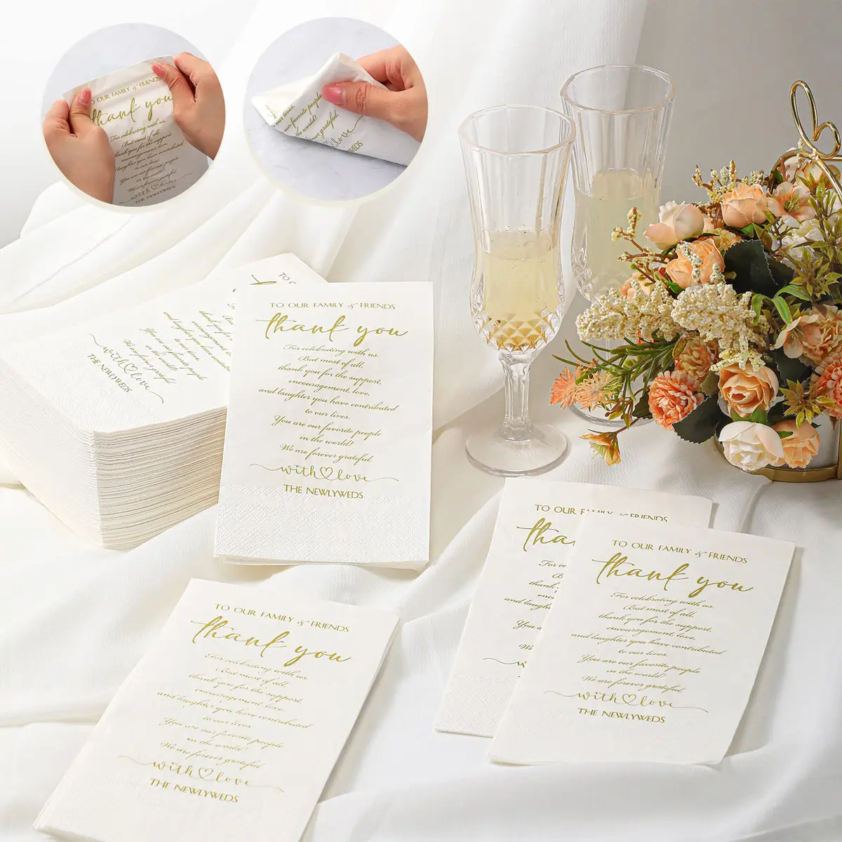 Fumete Disposable Thank You Wedding Napkins 3 Ply | Elegant White 13 x 15.8 inches (100 words) - view 4