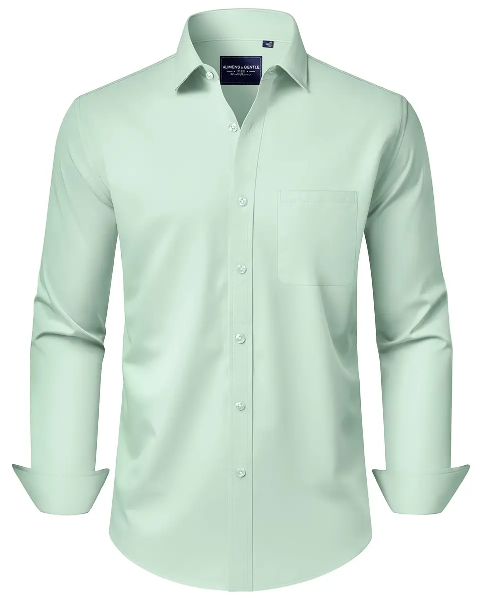 Alimens & Gentle Light Green Button Down Shirt Men's Regular Fit Long Sleeve, 95% Polyester 5% Spandex | Classic Elegance Meets Modern Chic - main product image