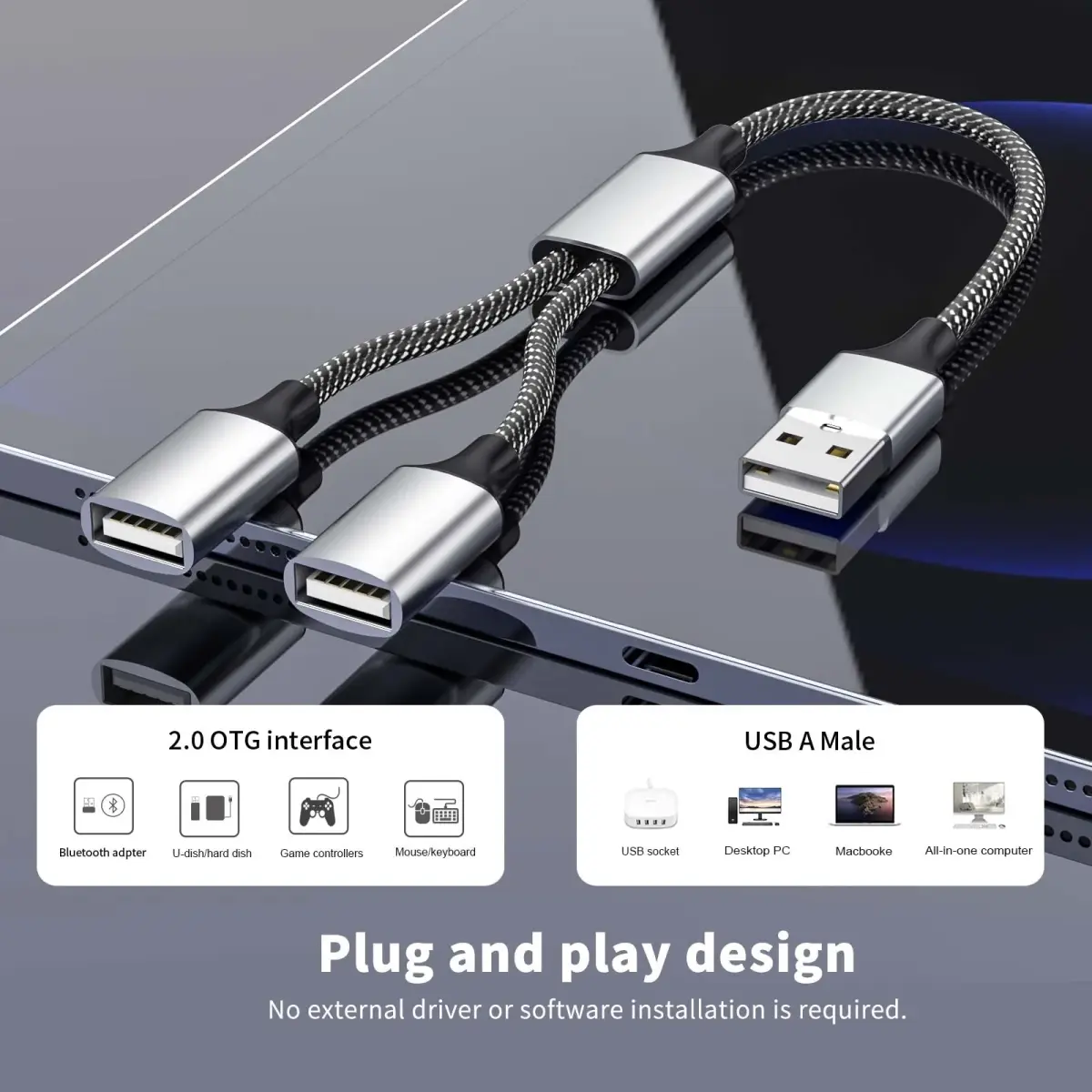 Fidioto USB Y Splitter 1 Male to 2 Female, 10-inch Cable | Expands 1 USB-A Port to 2 for Data & Charging - view 2