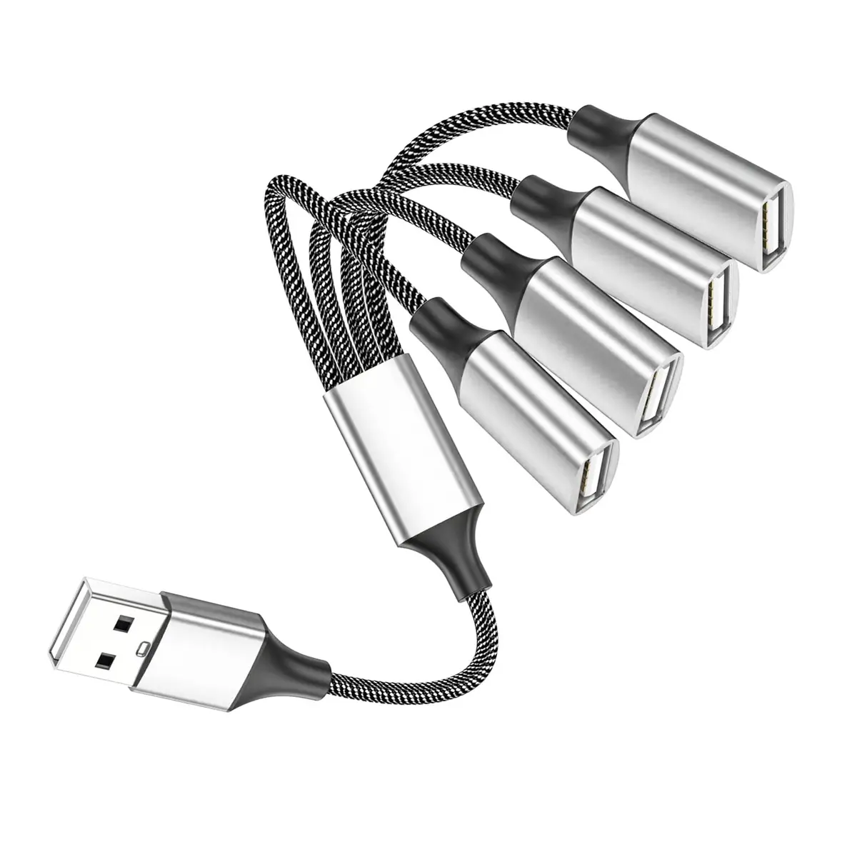 Fidioto 4USB Extension Cable, USB 1 Male to 4 Female, Data & Charging, Aluminum Shell, 10in (25cm) - main product image