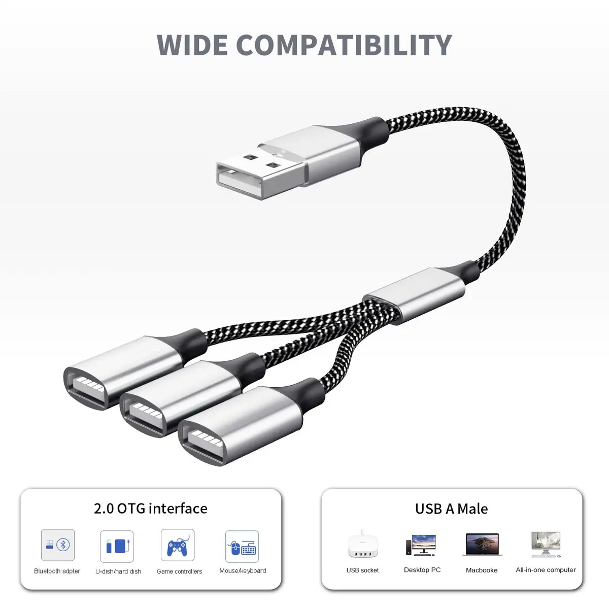 Fidioto USB Splitter Y Cable, 10in Dual USBA Ports, Data & Power Extender for Mac, Laptop, PC, Xbox Series X/S, PS4, PS5 - view 4
