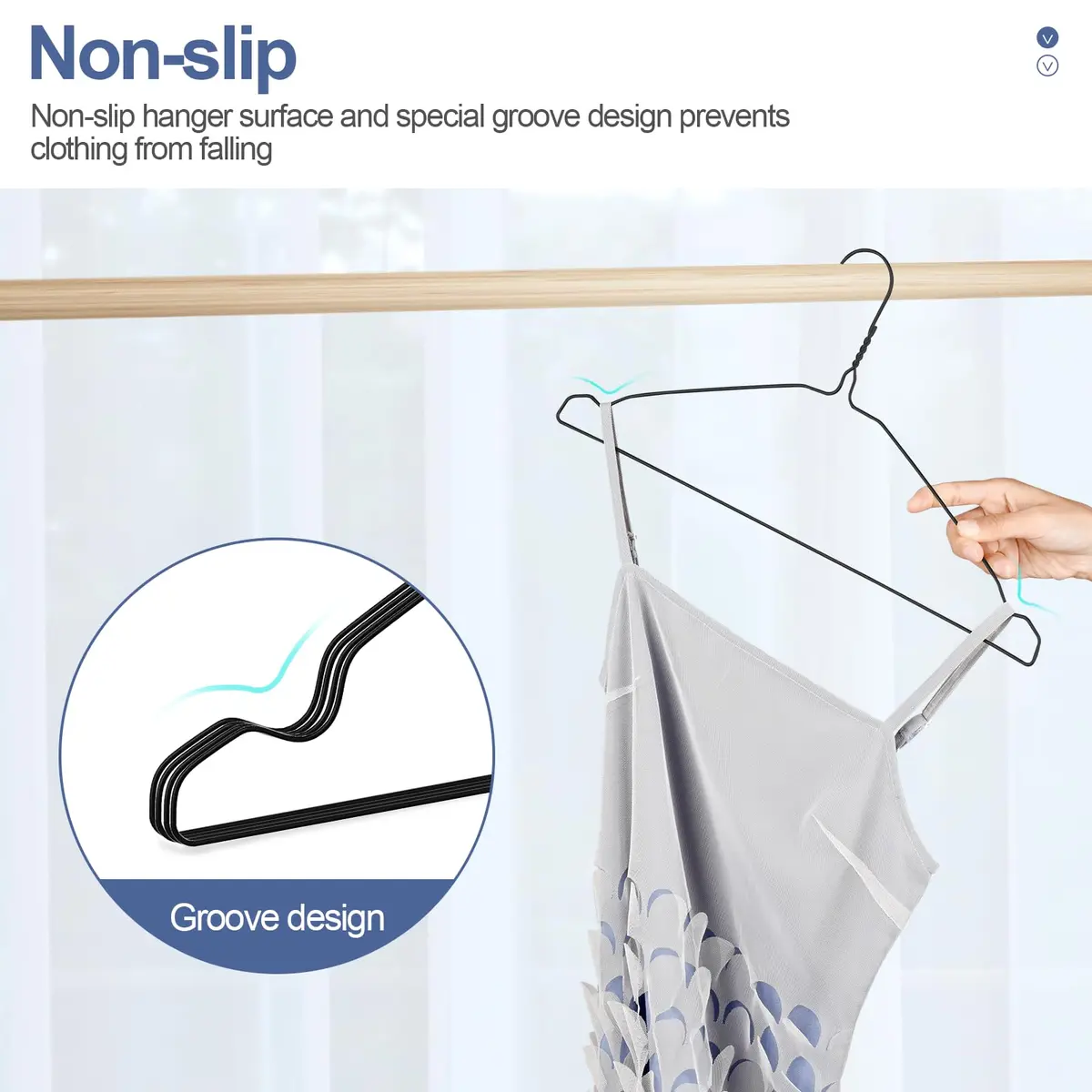 SPECILITE Metal Wire Clothes Hangers Bulk 50 Pack with Grooves, Black | Space Saving & Anti-slip - view 4