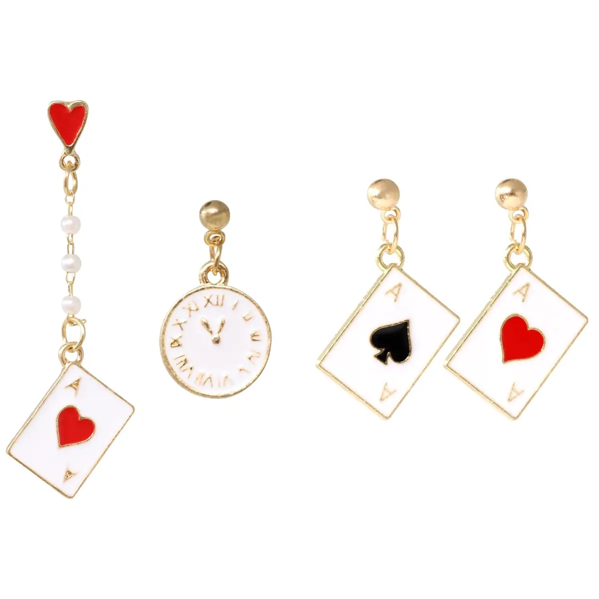 Honbay Enamel Alloy Poker Card Dangle Drop Earrings - Casual Hearts & Spades, 2.17in | Unique asymmetrical casino jewelry - main product image