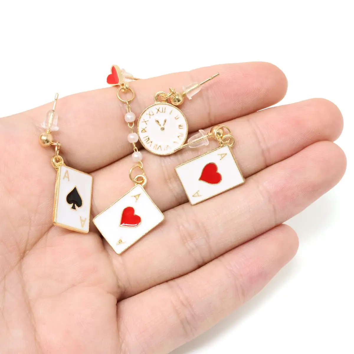 Honbay Enamel Alloy Poker Card Dangle Drop Earrings - Casual Hearts & Spades, 2.17in | Unique asymmetrical casino jewelry - view 7
