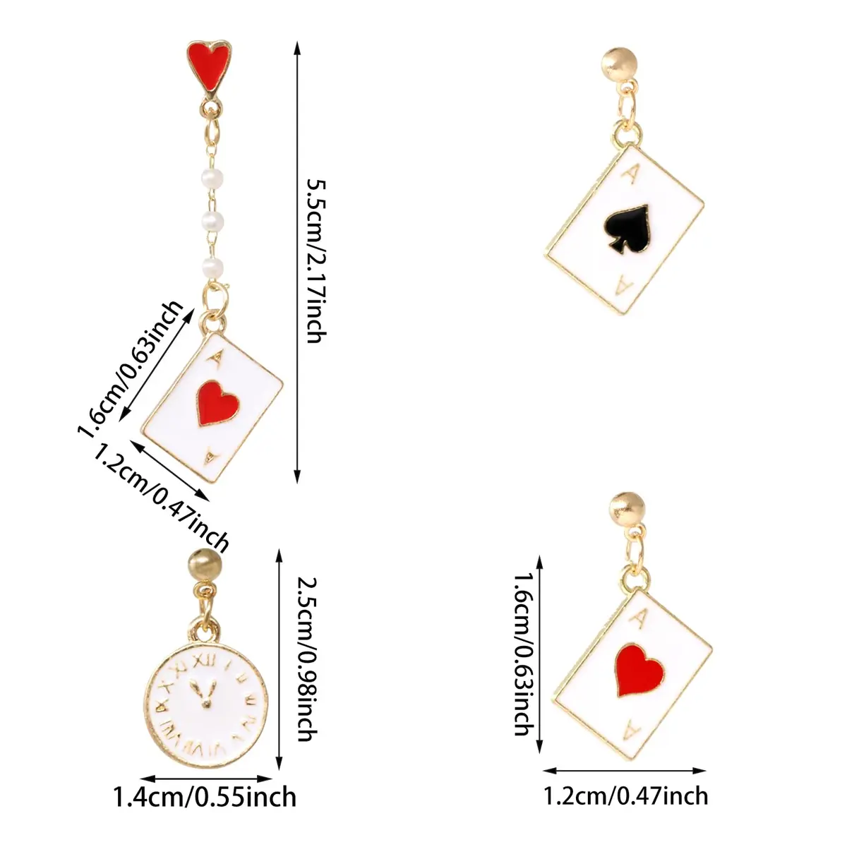 Honbay Enamel Alloy Poker Card Dangle Drop Earrings - Casual Hearts & Spades, 2.17in | Unique asymmetrical casino jewelry - view 2