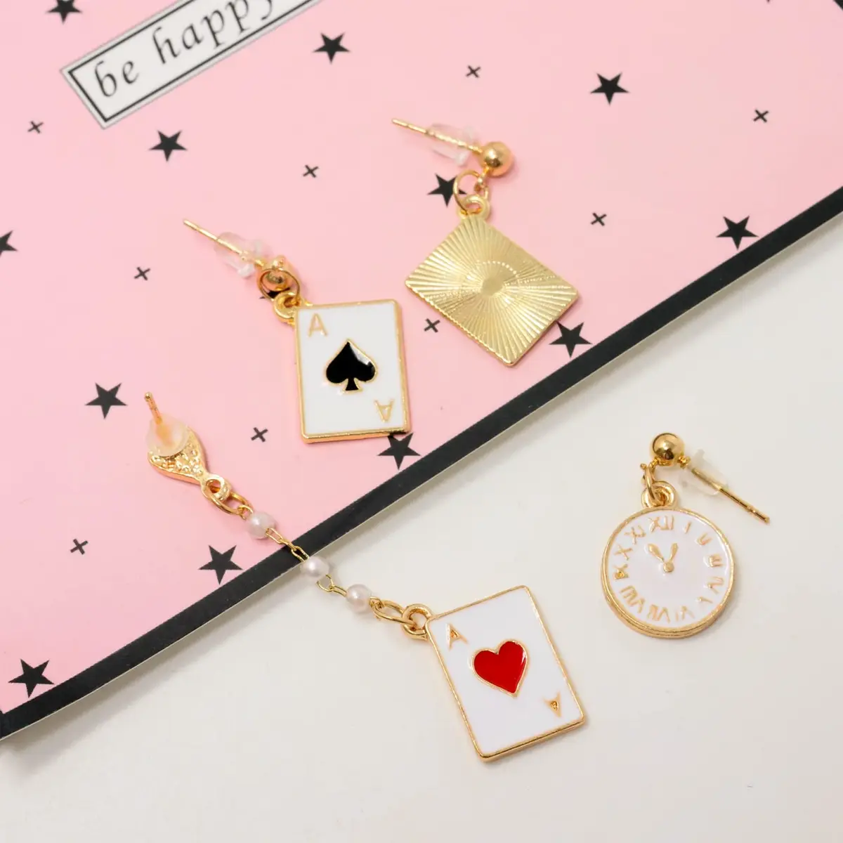 Honbay Enamel Alloy Poker Card Dangle Drop Earrings - Casual Hearts & Spades, 2.17in | Unique asymmetrical casino jewelry - view 3