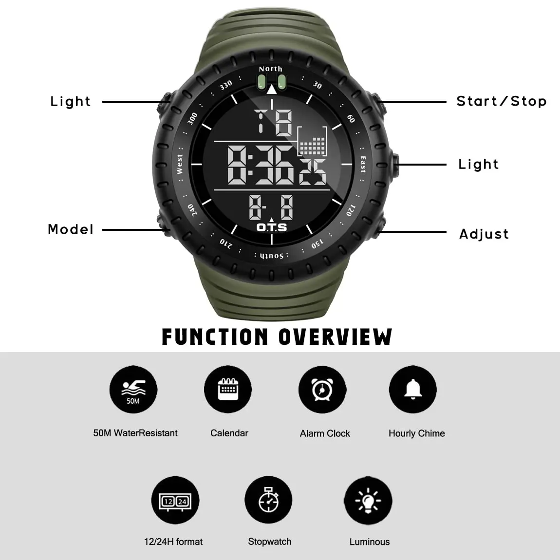 PALADA Digital Sports Watch Waterproof Tactical Watch 50mm Case, Green - view 4