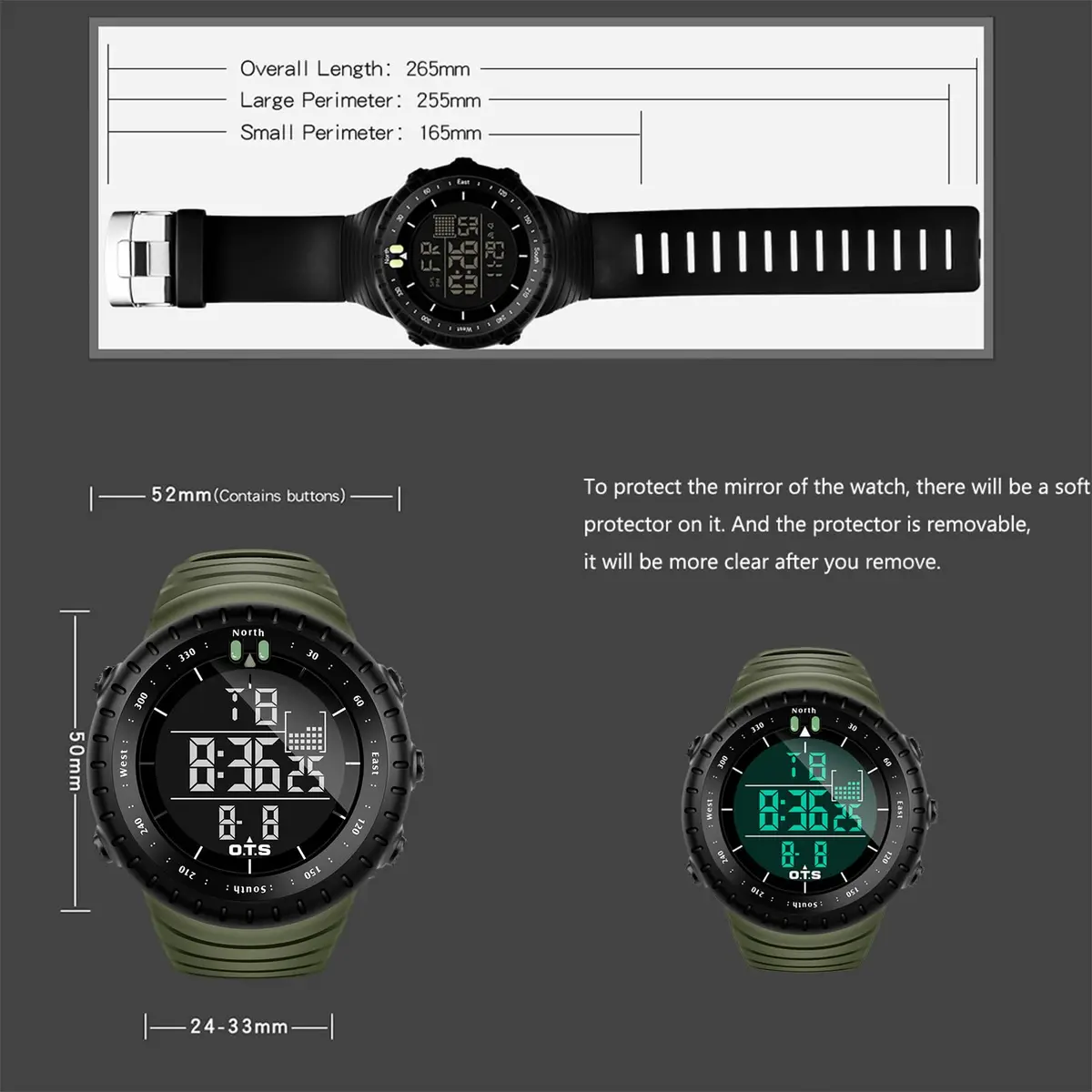 PALADA Digital Sports Watch Waterproof Tactical Watch 50mm Case, Green - view 8