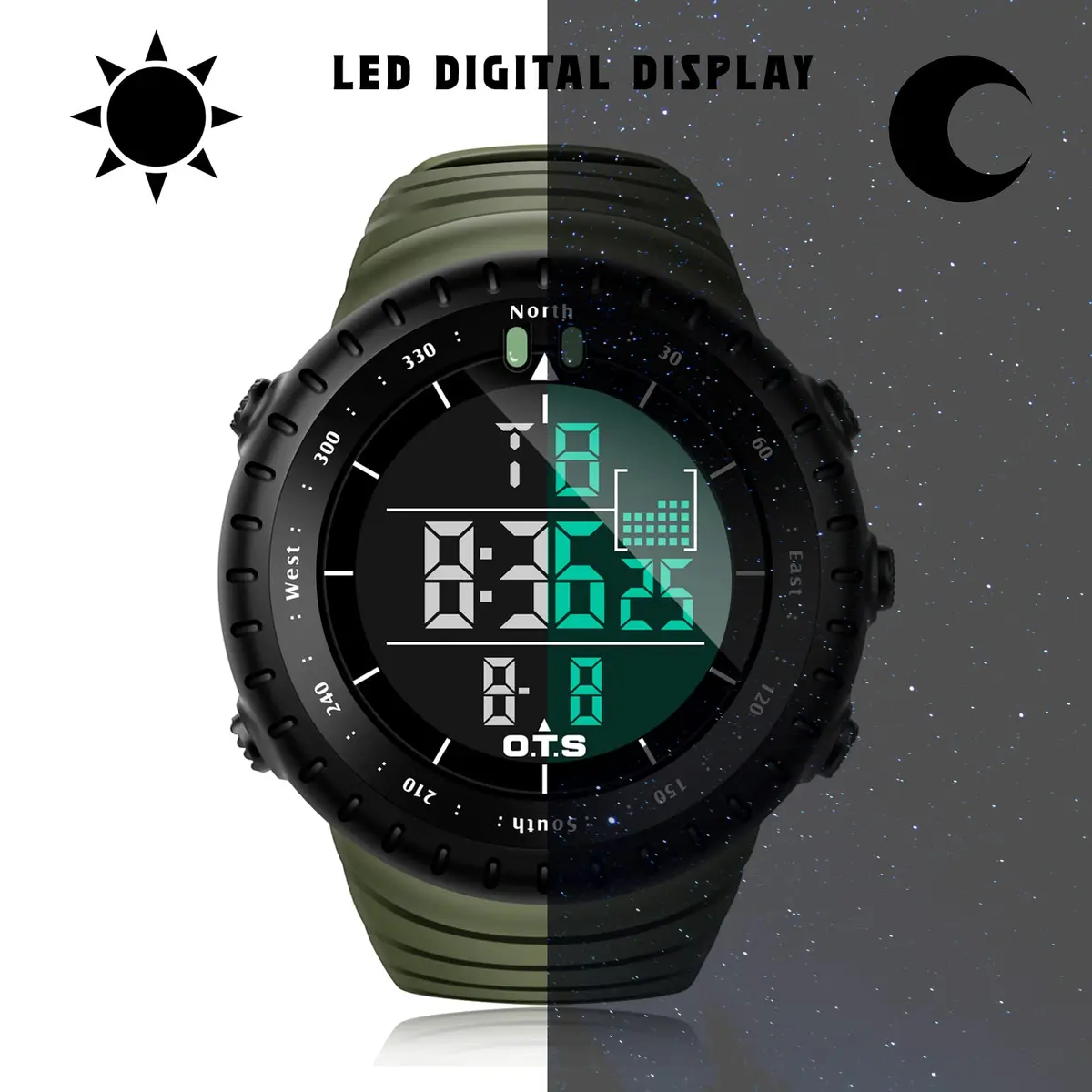 PALADA Digital Sports Watch Waterproof Tactical Watch 50mm Case, Green - view 3