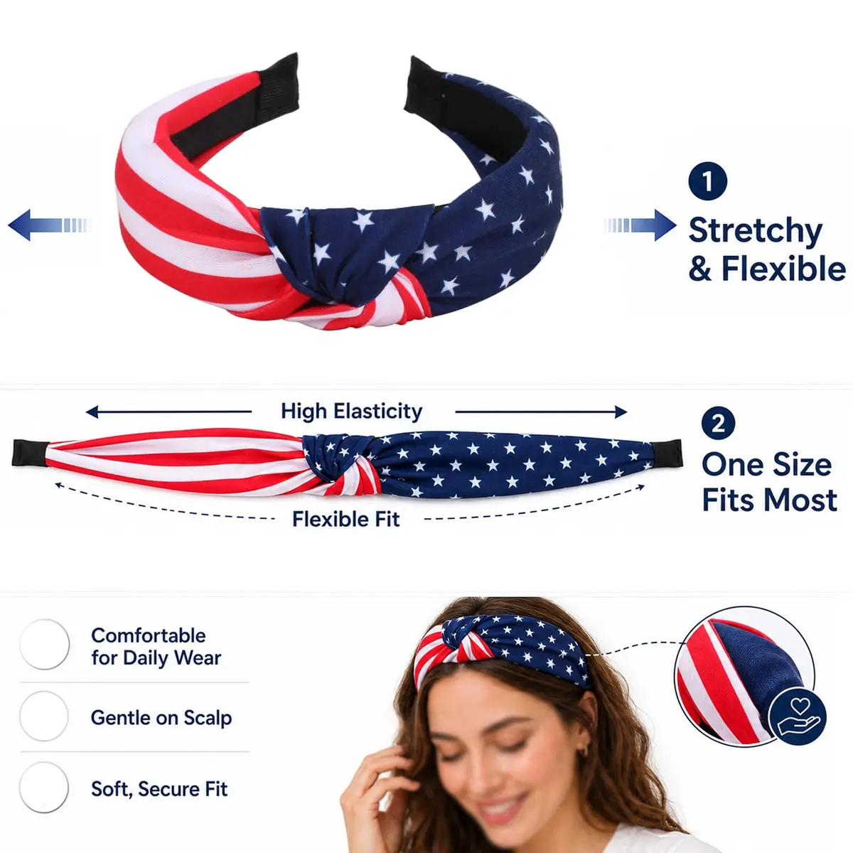 Ardorchid USA Flag Headbands 4 Pack | Patriotic Red White Blue Hair Accessories - view 4