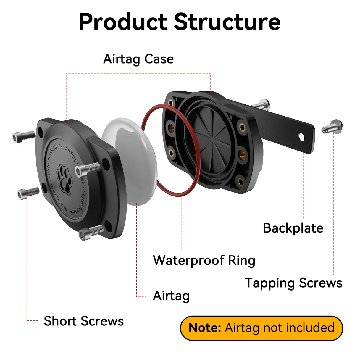 CITYWAY IPX8 Waterproof Dog Collar Holder for Airtag, Metal Back Plate - 4 Pack Black | Secure Pet Tracker Mount - view 2