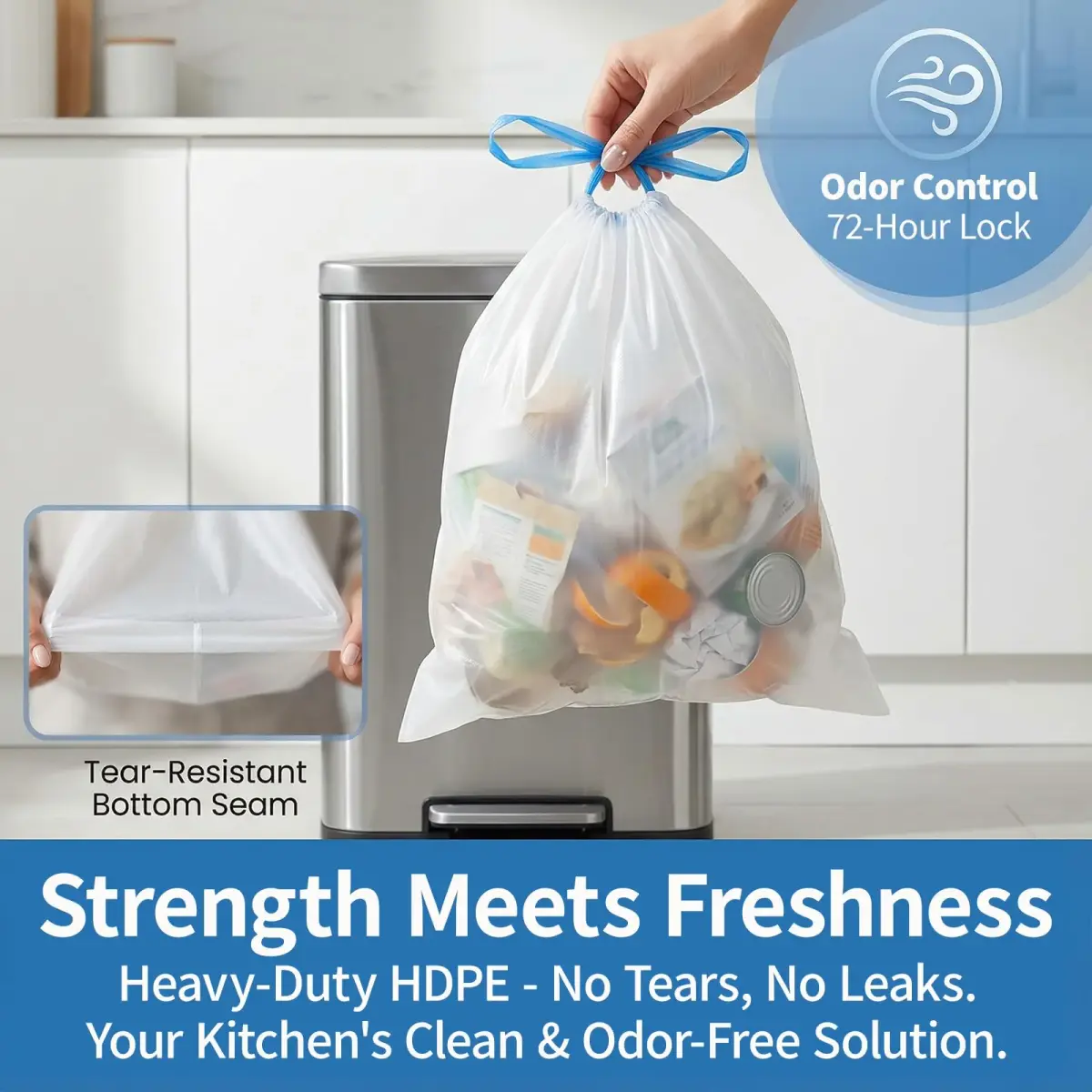 T.FORING 8 Gallon Drawstring Trash Bags, 100 Count (1.2 Mil Thick) | Unscented, Leak-Proof, USA Import - view 6