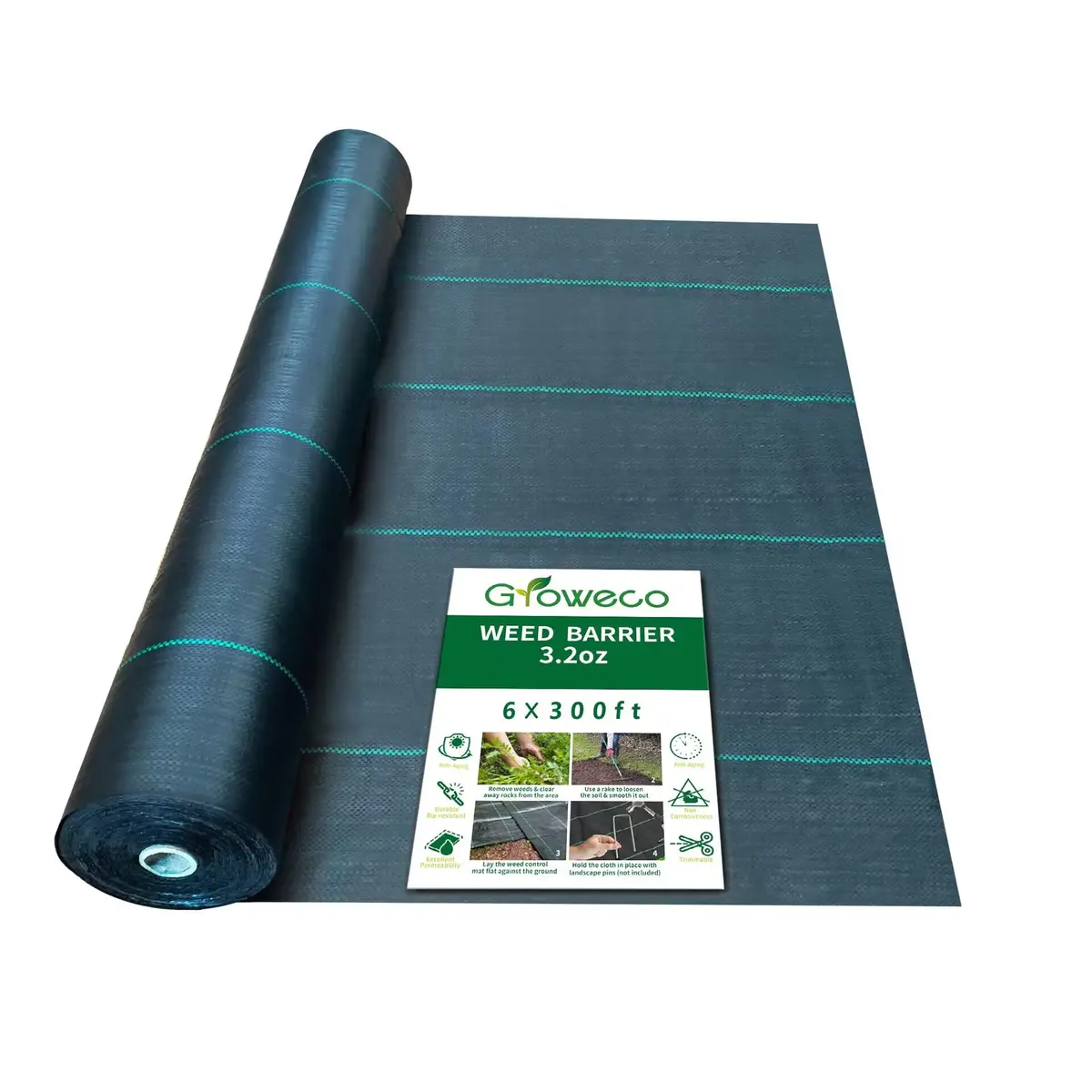 Groweco Heavy Duty Weed Barrier Landscape Fabric 6FT x 300FT (183cm x 9144cm) | Woven Geotextile Ground Cover for Driveways & Gardens - main product image