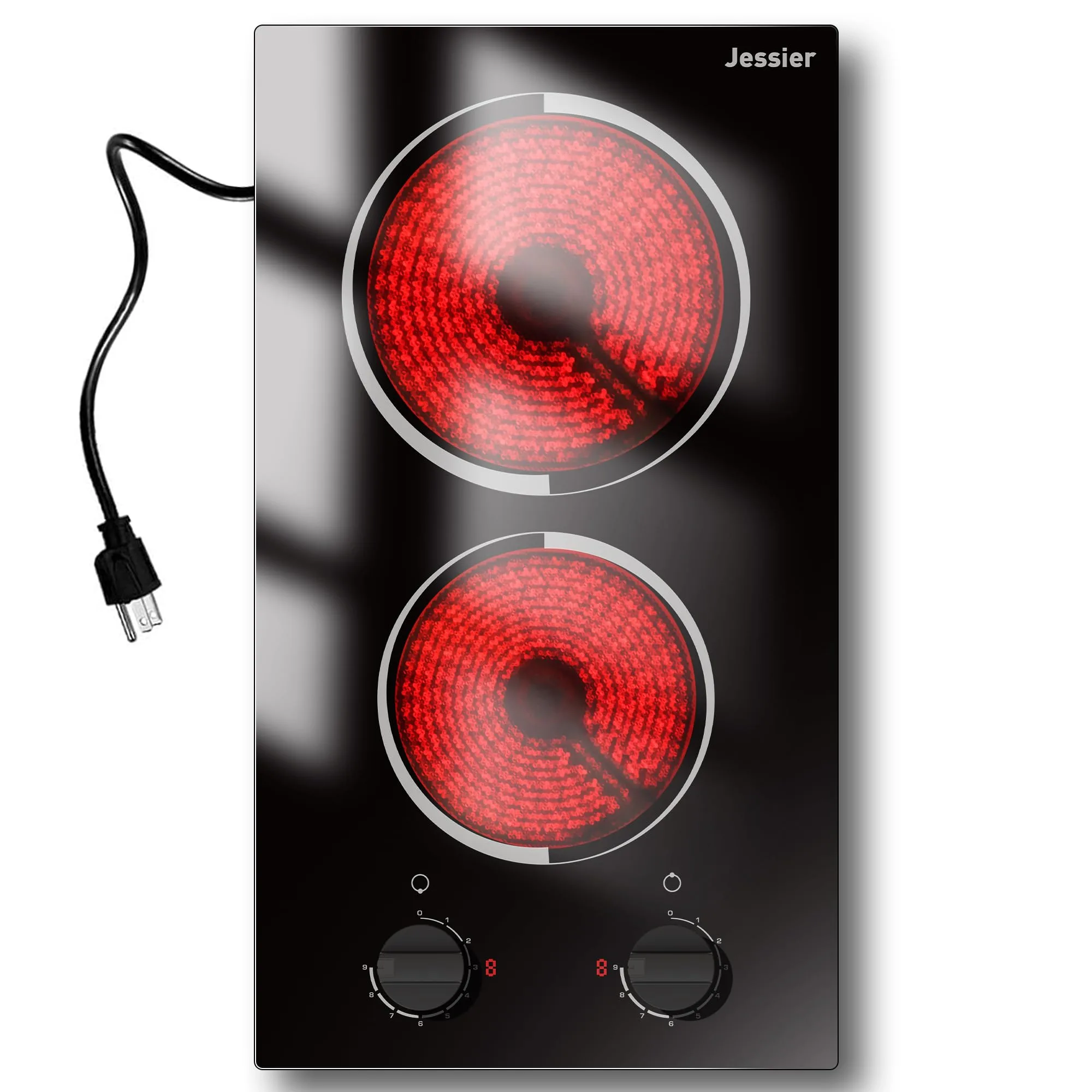 Jessier 12 Inch 2 Burner Electric Cooktop with Knob Control, 110V Plug-in Ceramic Stove Top (Black Knob) - main product image