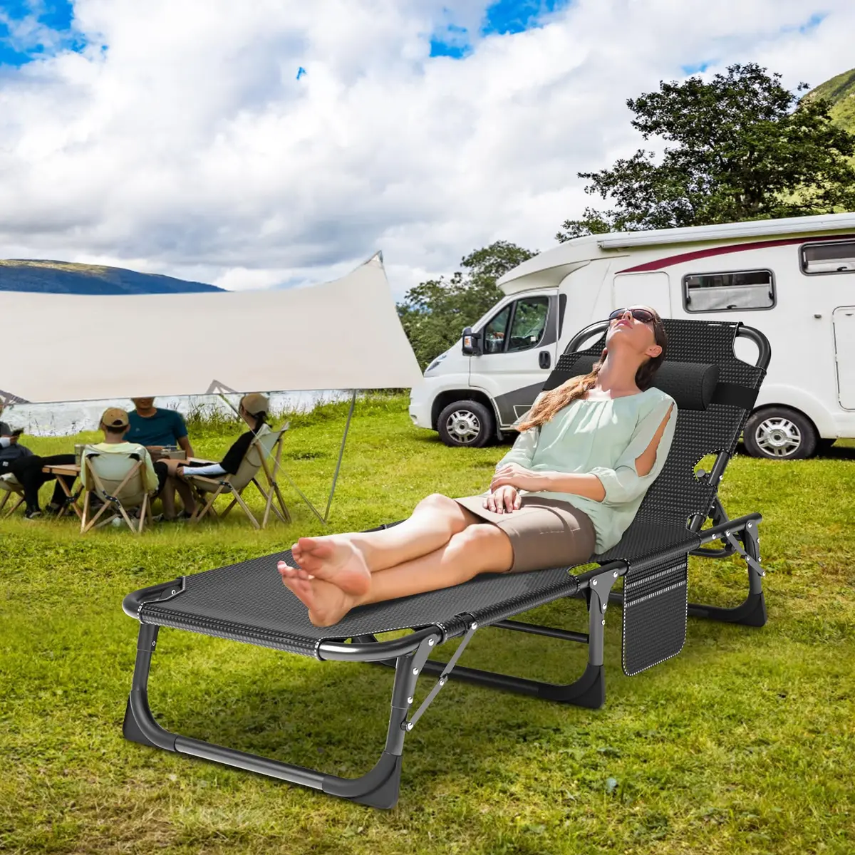 Slsy Folding Camping Cot for Adults, Adjustable Camping Bed with Pad | 5-Position Reclining Support, Heavy-Duty Steel Frame, Portable & Multipurpose - view 2
