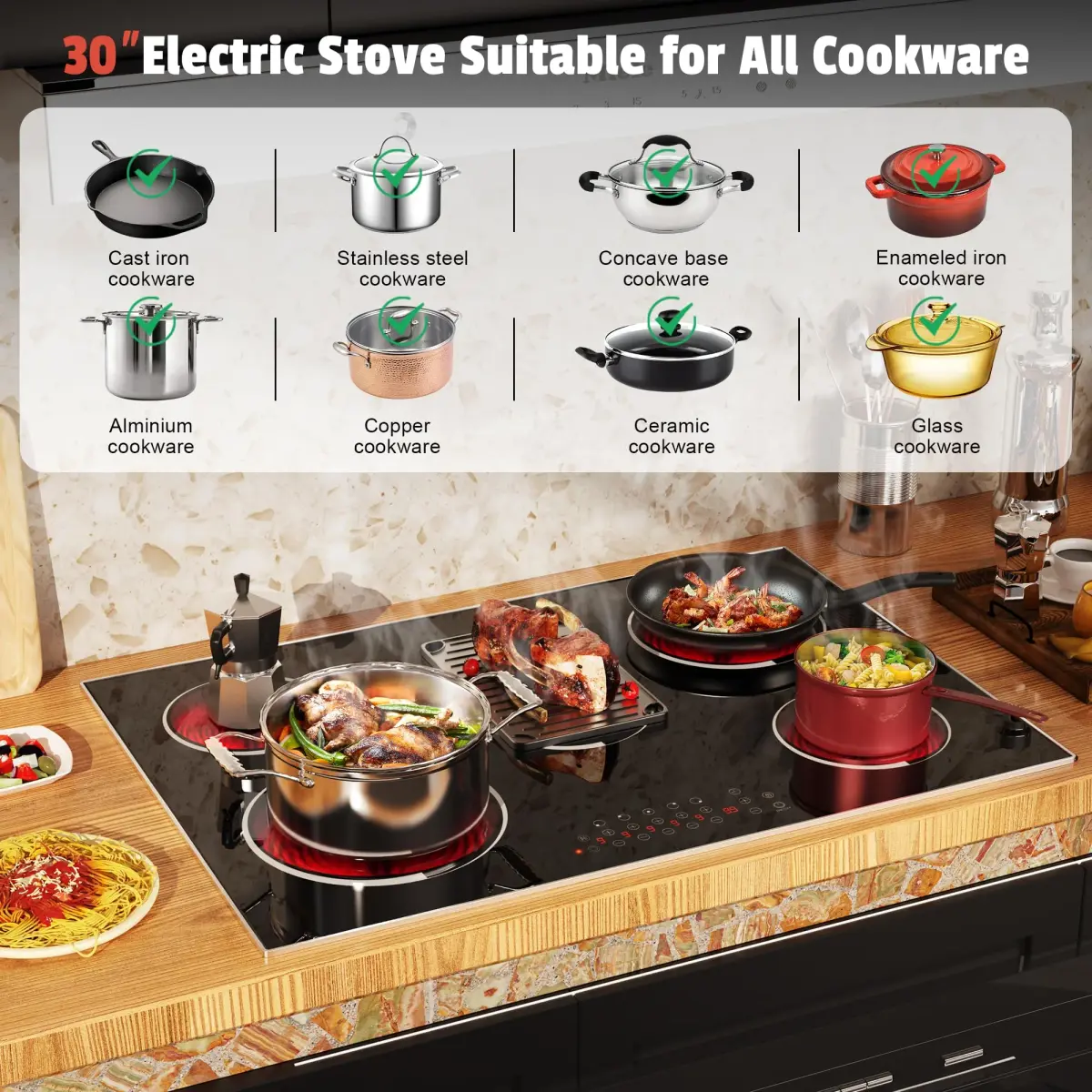 Jessier 30 Inch 8400W 5-Burner Electric Cooktop with Dual Ring & Timer | Built-in Ceramic Stovetop (29.13"x19.3" Cutout) - view 8
