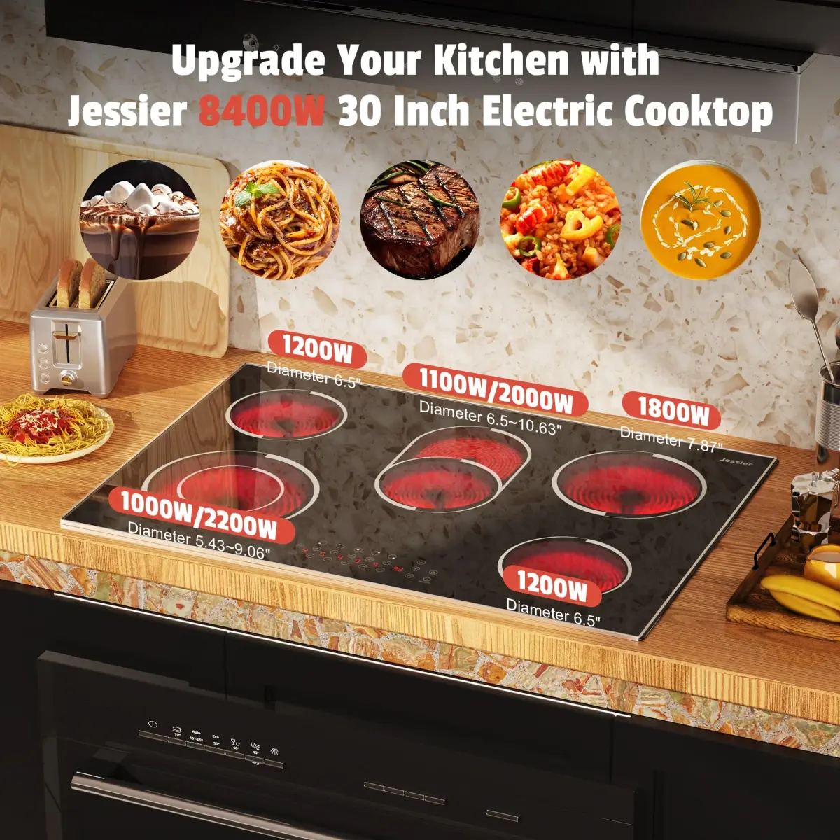 Jessier 30 Inch 8400W 5-Burner Electric Cooktop with Dual Ring & Timer | Built-in Ceramic Stovetop (29.13"x19.3" Cutout) - view 3