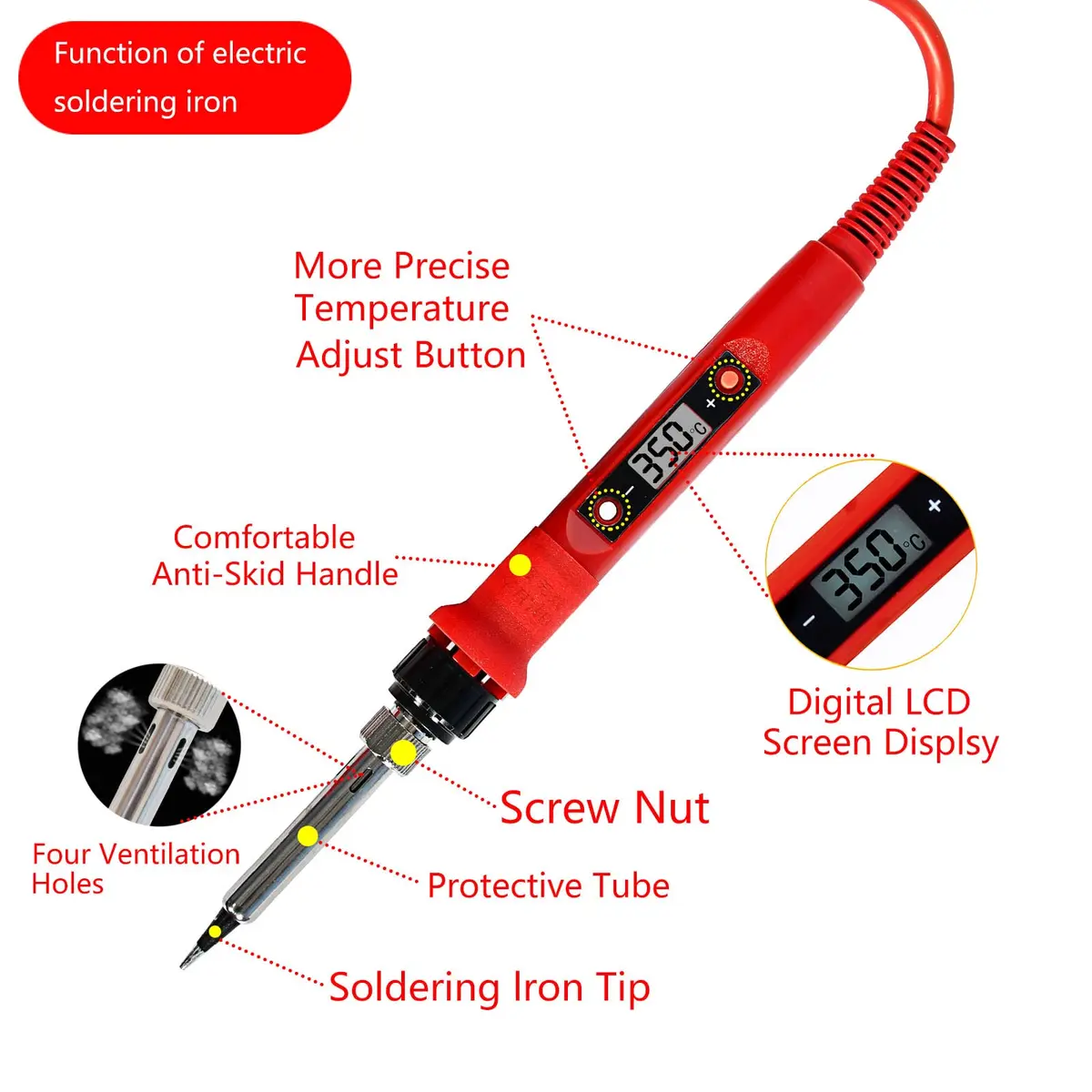 KYZHXVO 80W LCD Digital Soldering Iron Kit with Adjustable Temperature and Magnifying Glass | 200-450°C (392-842°F) - view 3