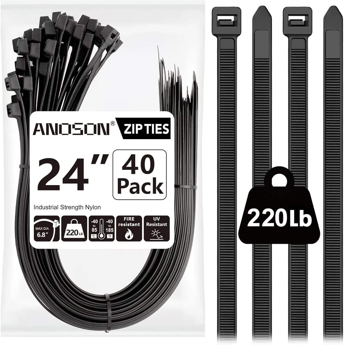 ANOSON Heavy Duty Zip Ties 24 inch | 220 lb Tensile Strength, 40 Pack, Black - main product image
