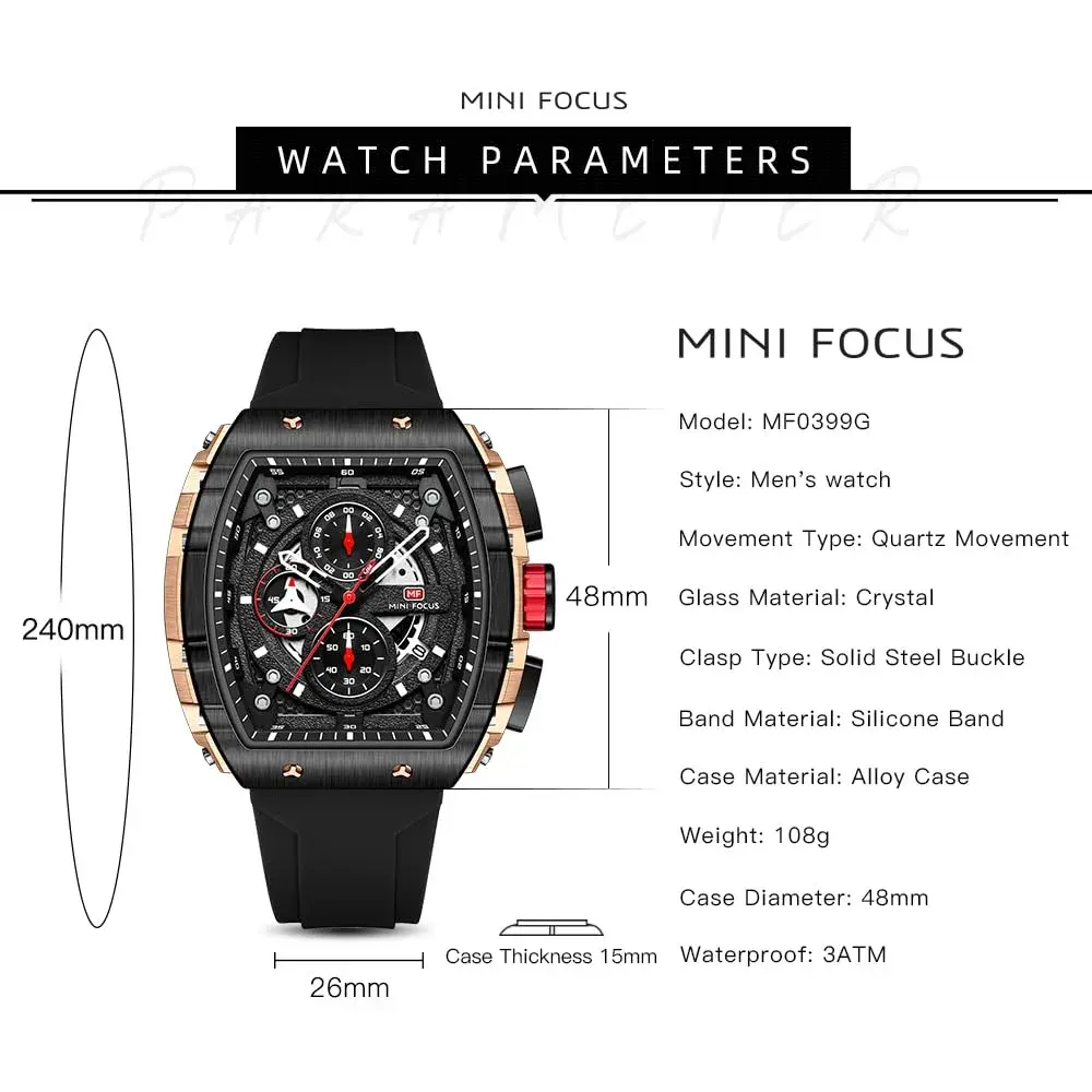 MF MINI FOCUS Men's Tonneau Chronograph Watch 42mm (1.65in) | Luminous Dial & Date - view 6