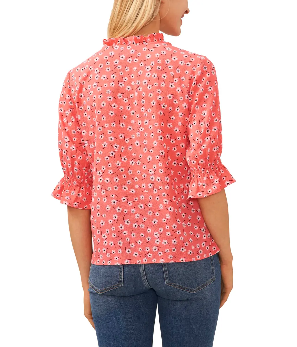 CeCe Elbow Sleeve Split Neck Top Calypso Coral | Flattering V-Neck, Soft Polyester Blend, Casual Fit - view 2