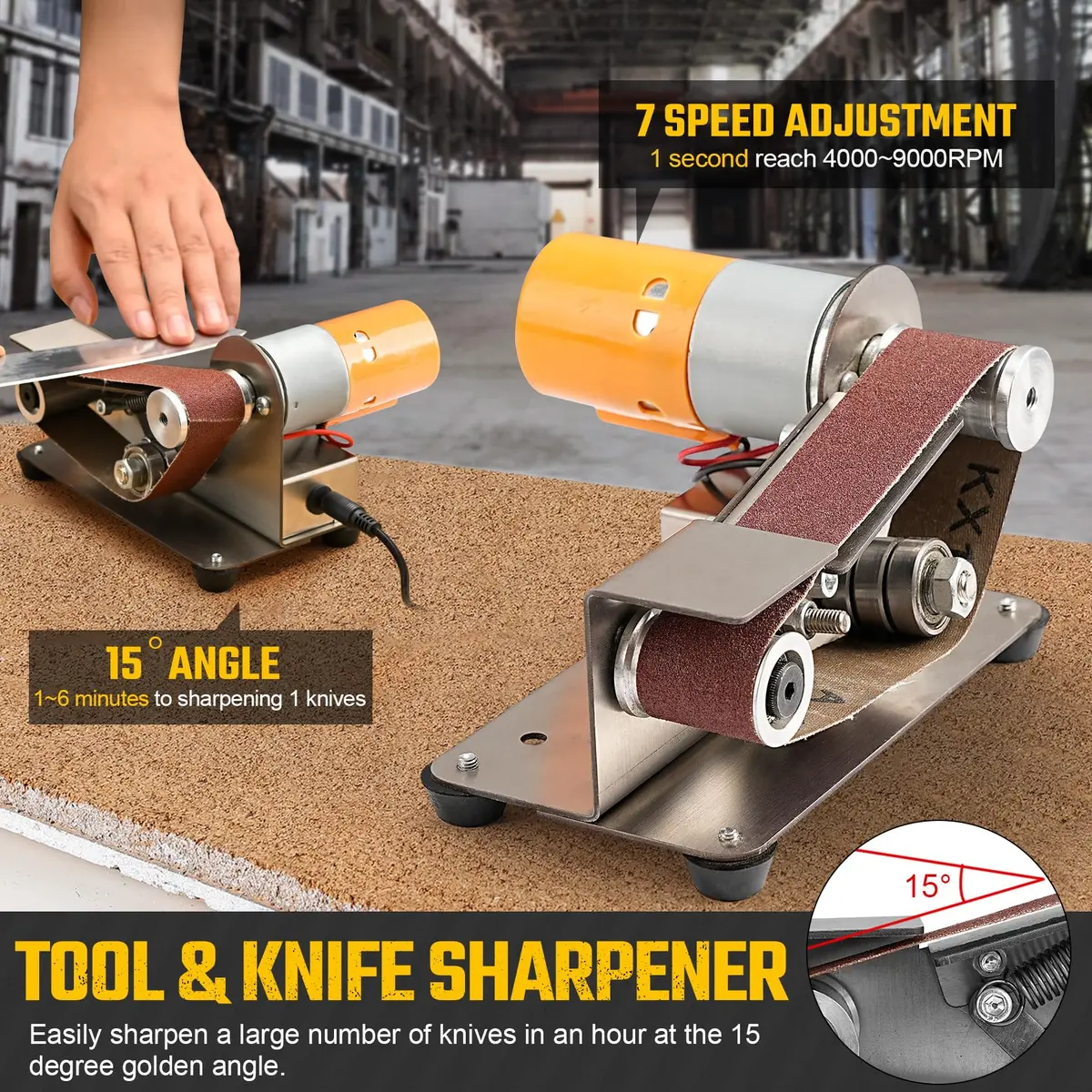 NuoDunco 3-in-1 Mini Belt Sander 7-Speed Knife Sharpener Bench Grinder | 110-220V, 7-Speed, Stainless Steel, 1.3kg - view 3