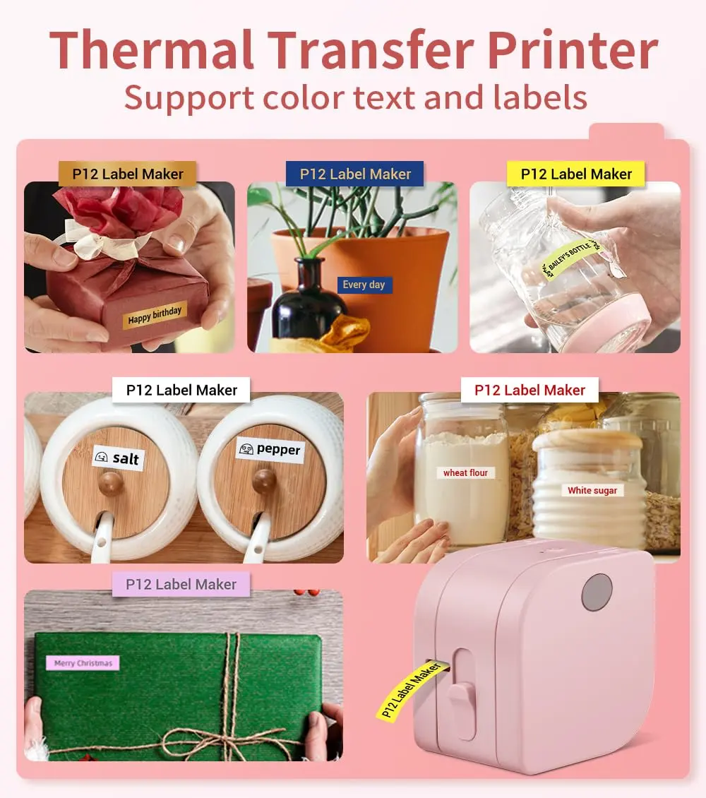 Phomemo P12 Bluetooth Label Maker Machine with Tape, Portable Mini Thermal Transfer Printer for Organizing, Pink (180g, 4.09" L x 3.52" W x 2.7" H) - view 6