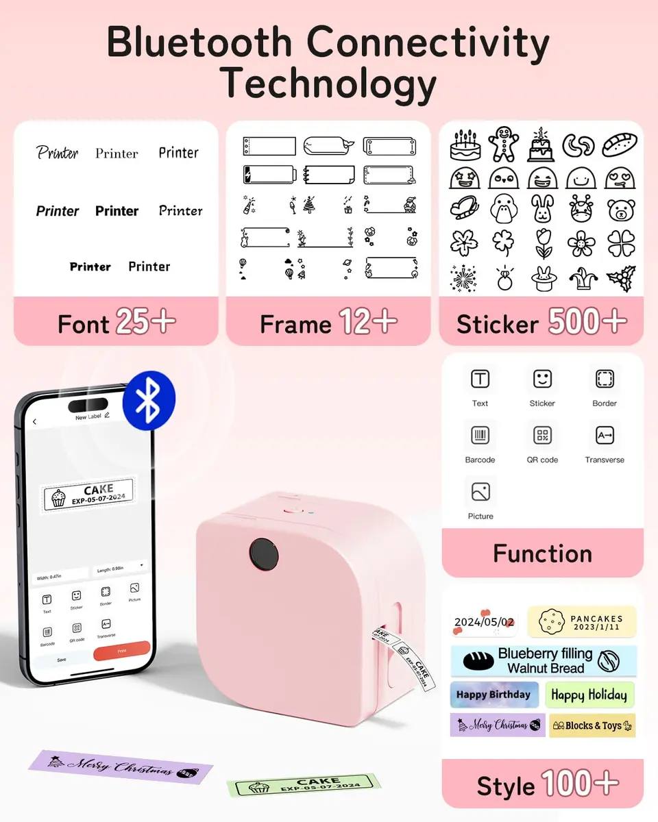 Phomemo P12 Bluetooth Label Maker Machine with Tape, Portable Mini Thermal Transfer Printer for Organizing, Pink (180g, 4.09" L x 3.52" W x 2.7" H) - view 8