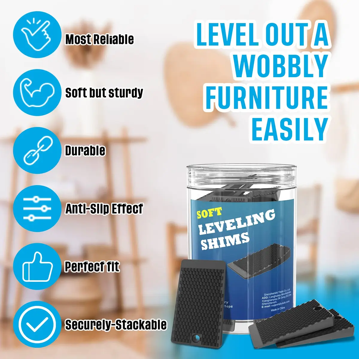 YARKOR Black & Clear Furniture Levelers 32-Piece Jar (2" Wedge Shims) | Non-Slip Rubber for Tables, Toilets, Beds & Couches - view 5