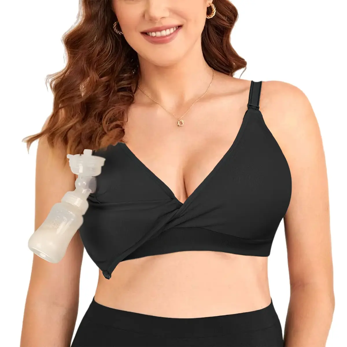 4HOW Hands-Free Breast Pump Bra for Nursing & Maternity, Black, Large | Effortless Pumping & Nursing Bra - main product image
