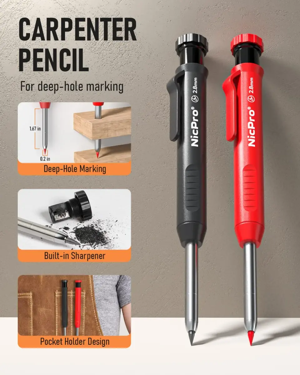 Nicpro 11 Pack Carpenter Pencils with Sharpener & Leads | 2.0mm & 2.8mm Line Sizes - view 2