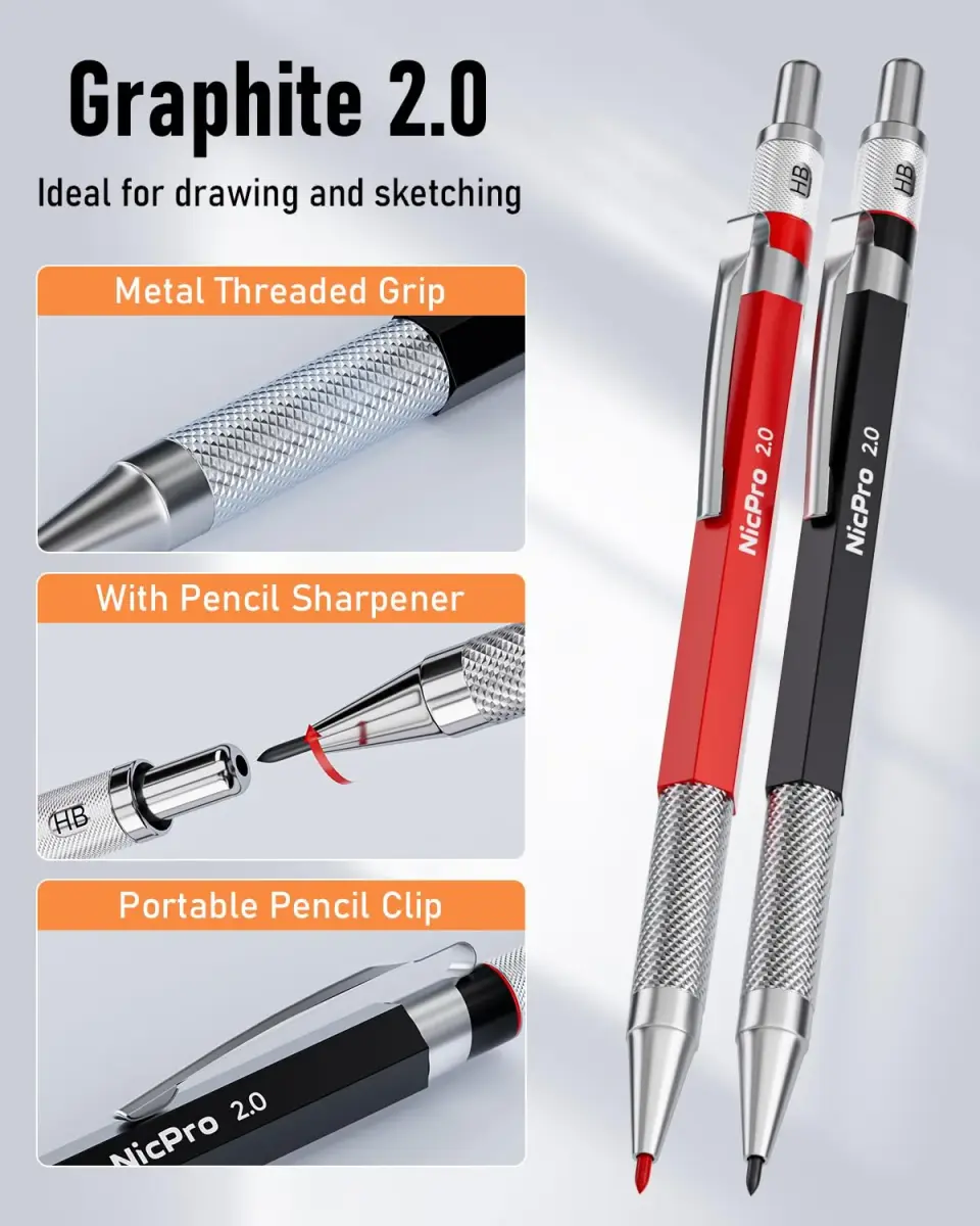 Nicpro 11 Pack Carpenter Pencils with Sharpener & Leads | 2.0mm & 2.8mm Line Sizes - view 3