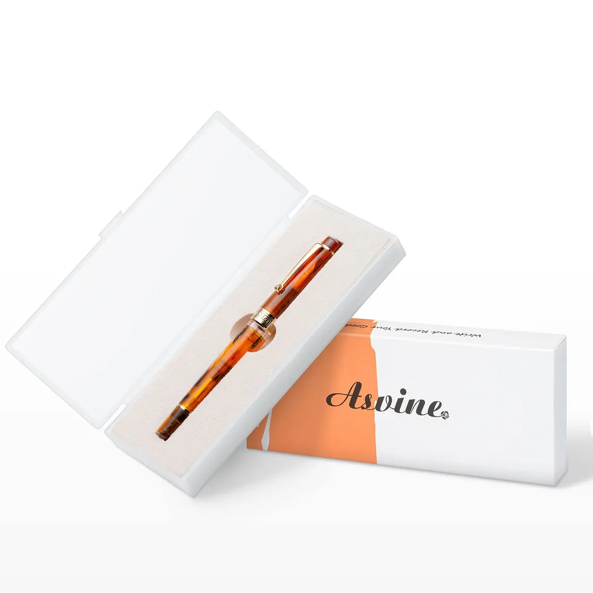 Asvine P20 Piston Fountain Pen Amber Resin Medium Nib Gold Trim | Smooth Writer Collection with Case Set - view 6