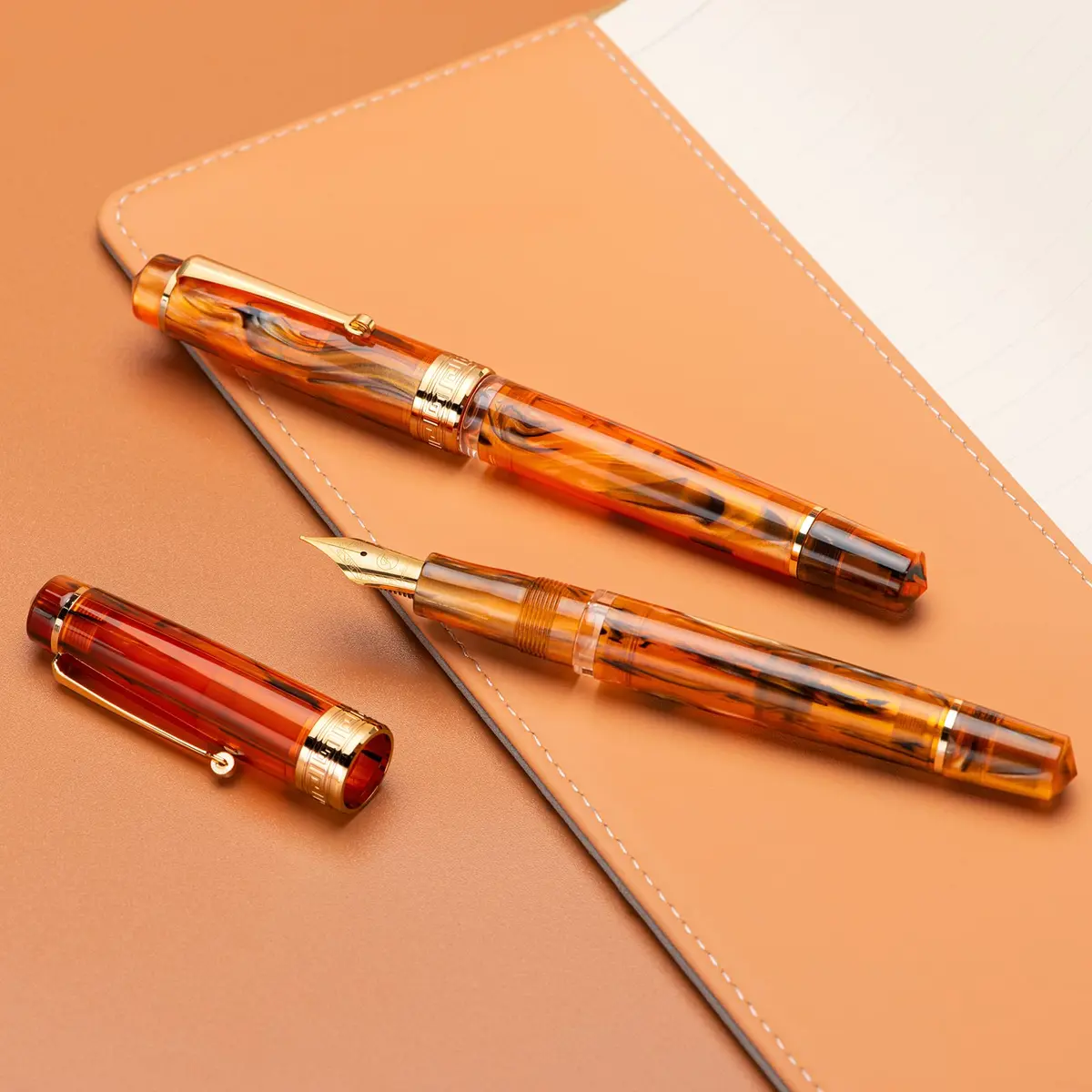 Asvine P20 Piston Fountain Pen Amber Resin Medium Nib Gold Trim | Smooth Writer Collection with Case Set - view 7