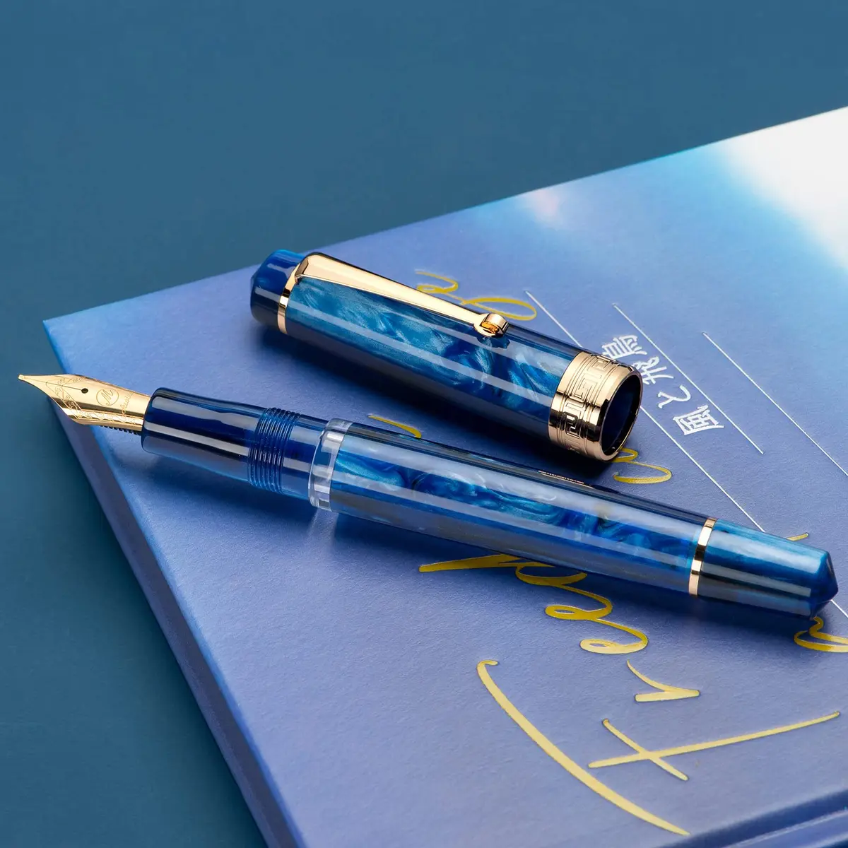 Asvine P20 Piston Fountain Pen Galaxy Blue Resin, Iridium Extra Fine Nib Gold Trim with Case Set | Smooth Writer - view 4