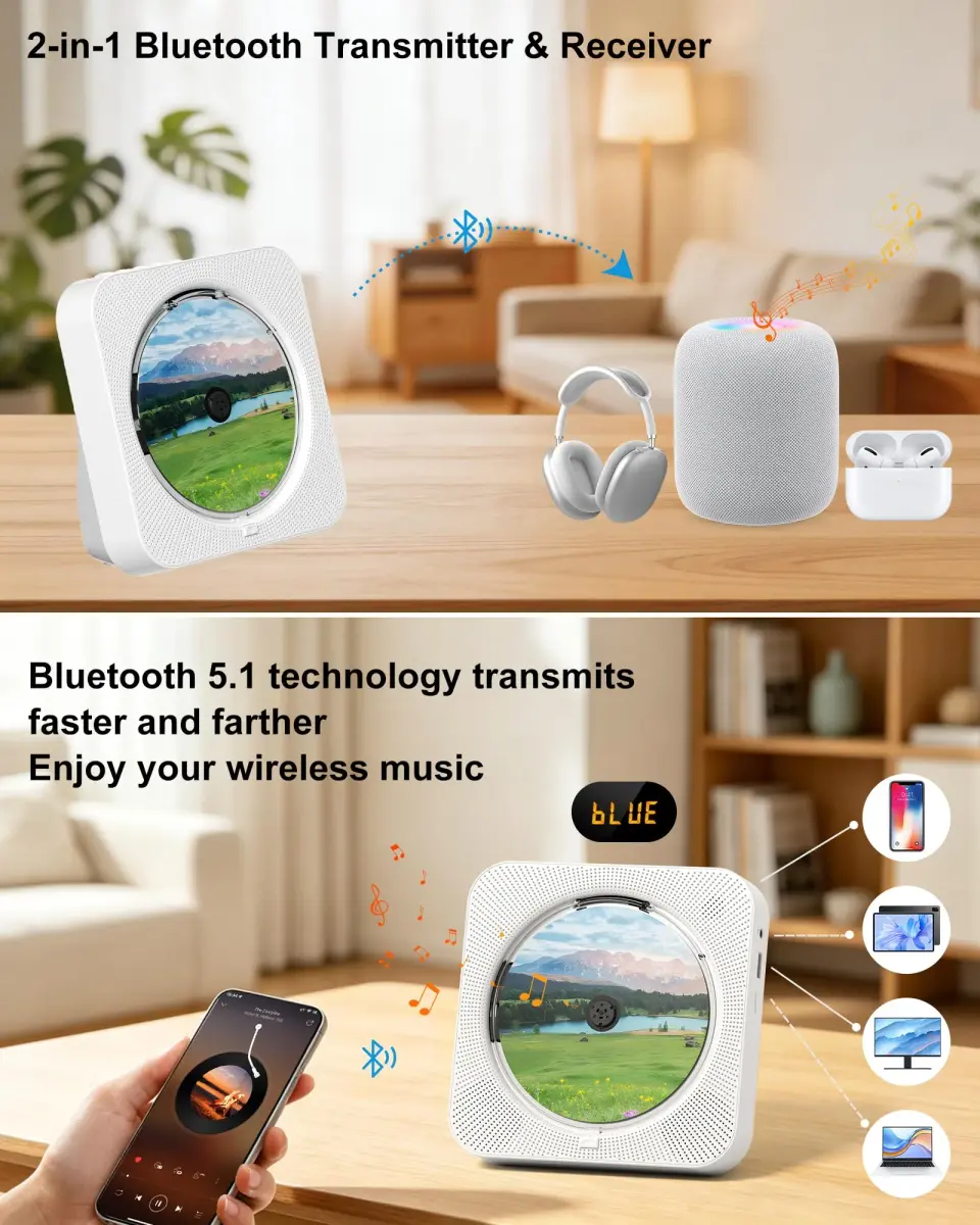 MICOCIOUS Bluetooth CD Player with Speakers 16.7cm (6.57in) White | Desktop Kpop Music Player with FM Radio, AUX, USB, TF Card - view 4