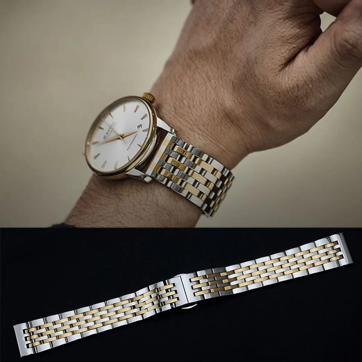 Niziruoup 19mm Stainless Steel Watch Band Two-Tone Silver Gold | Adjustable Metal Bracelet Strap for Smartwatches & Traditional Watches - view 4