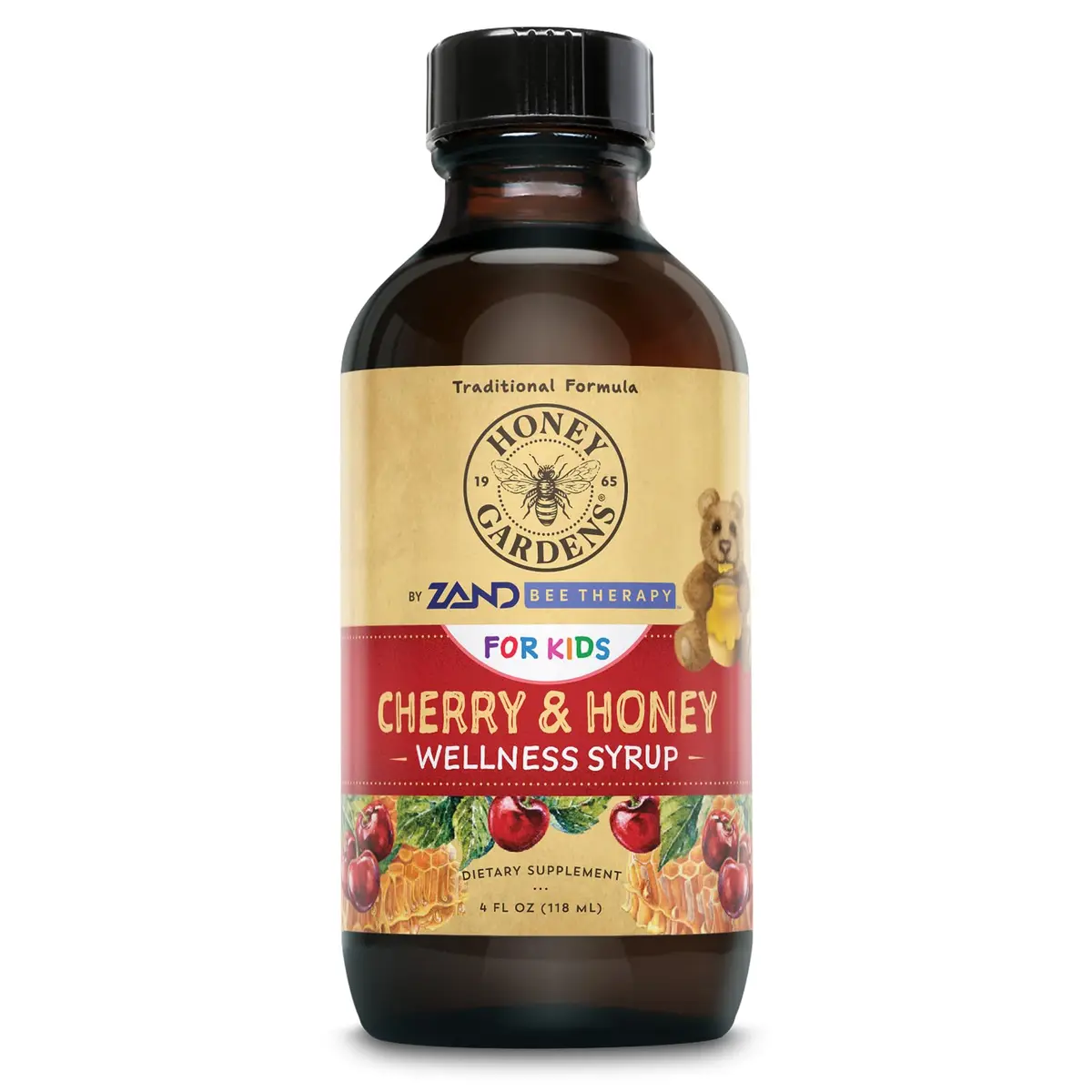 ZAND Honey Gardens Kids Cherry & Honey Throat Syrup | Herbal Raw Honey Formula for Kids, 24 Servings, 4 FL Oz - main product image