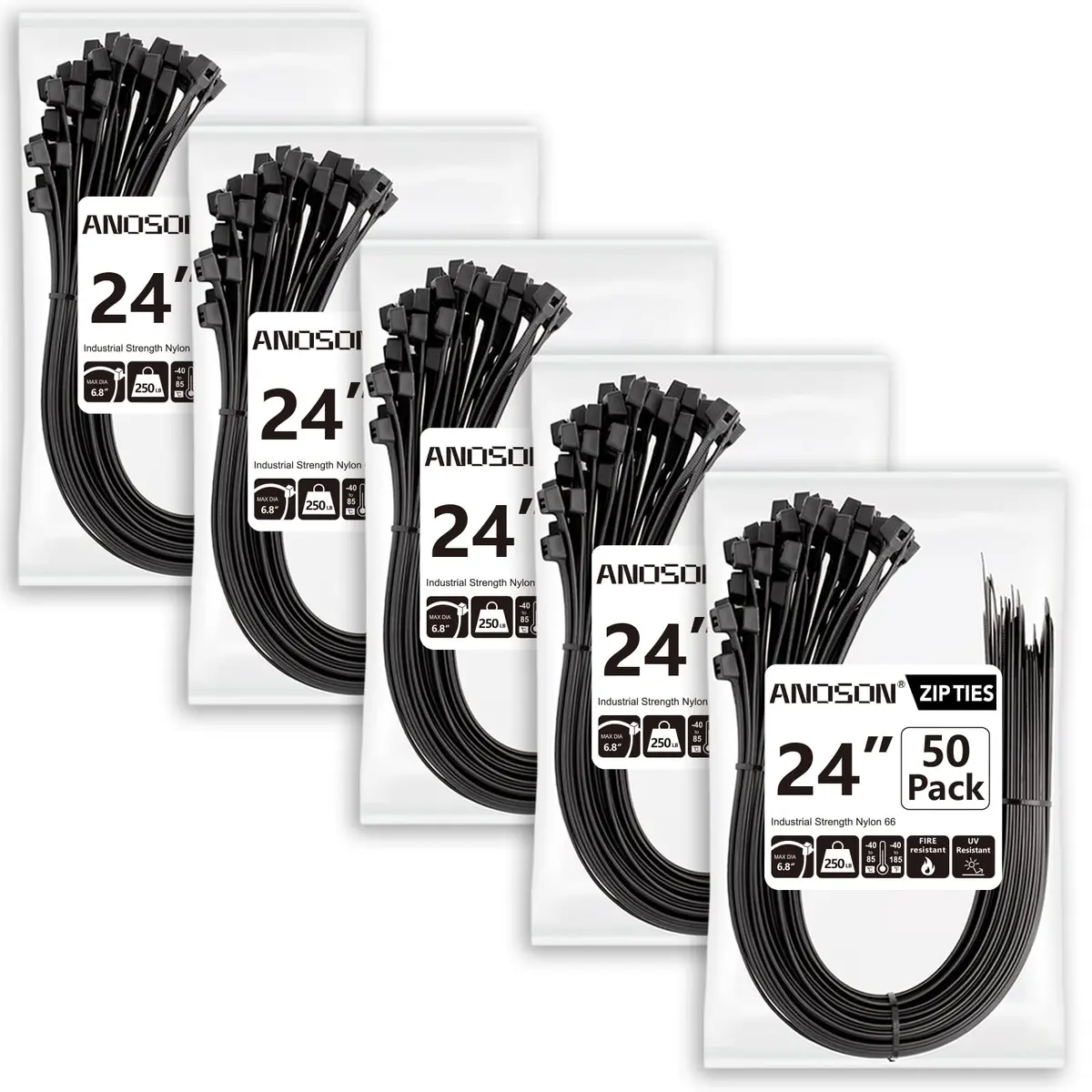 ANOSON Heavy Duty Cable Ties 24 inch | 220 lb Tensile Strength, 250 Pack, Black - main product image