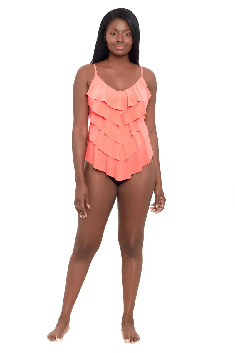Trimshaper Womens Five Tiered Adjustable Rachel Swim Tankini Top with Molded Cups and Bra Support, Coral, 14 | Supportive, Adjustable, Full Coverage - main product image