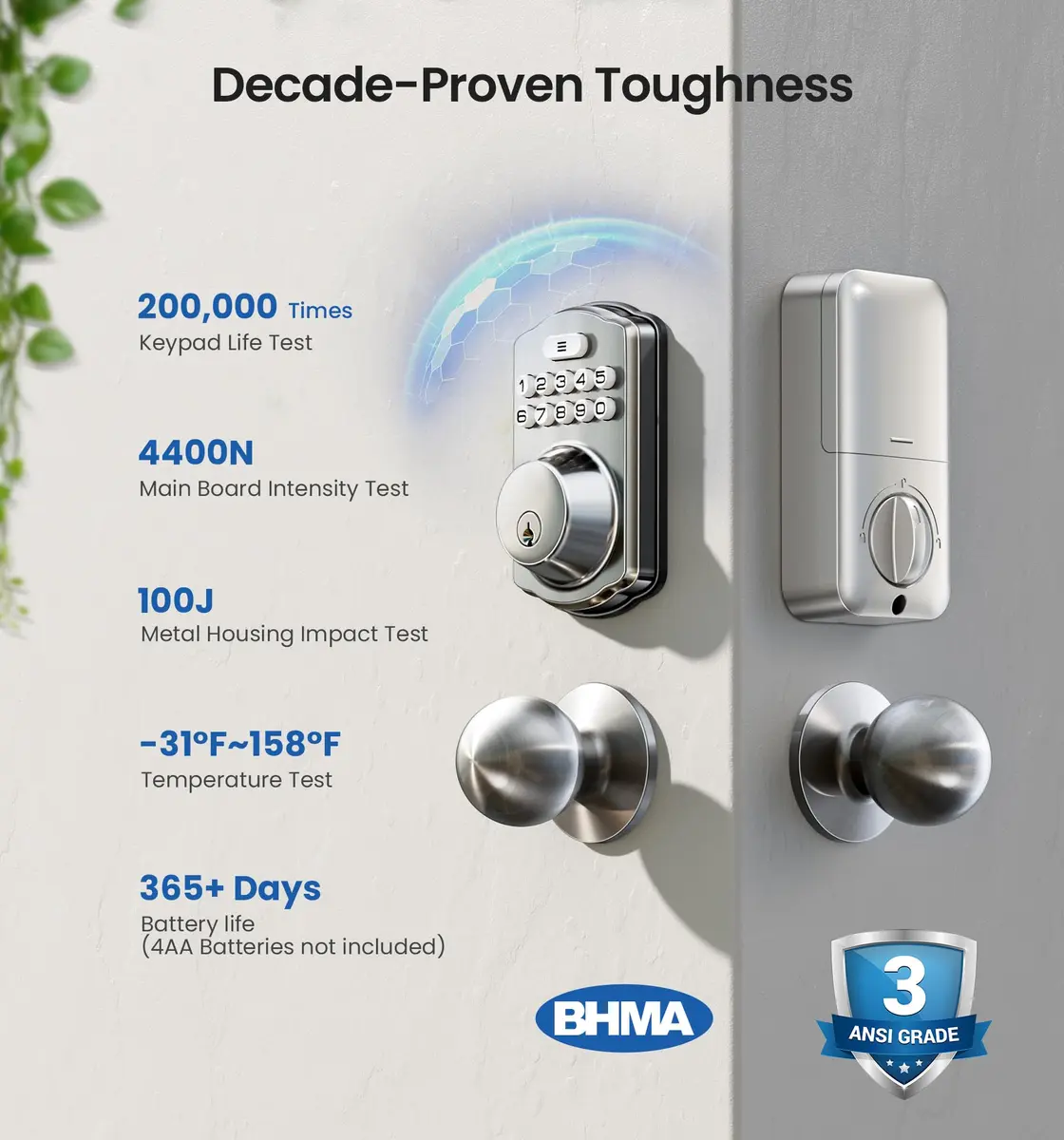 Veise KS01C Keyless Entry Deadbolt Door Lock with Knobs, Satin Nickel | ANSI/BHMA Grade 3 Certified, 20 User Codes + Keys - view 5