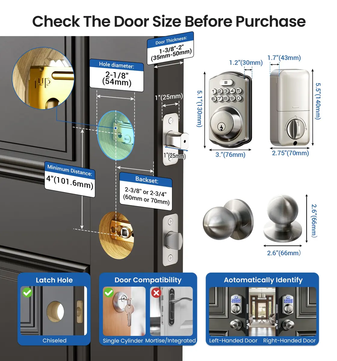 Veise KS01C Keyless Entry Deadbolt Door Lock with Knobs, Satin Nickel | ANSI/BHMA Grade 3 Certified, 20 User Codes + Keys - view 6
