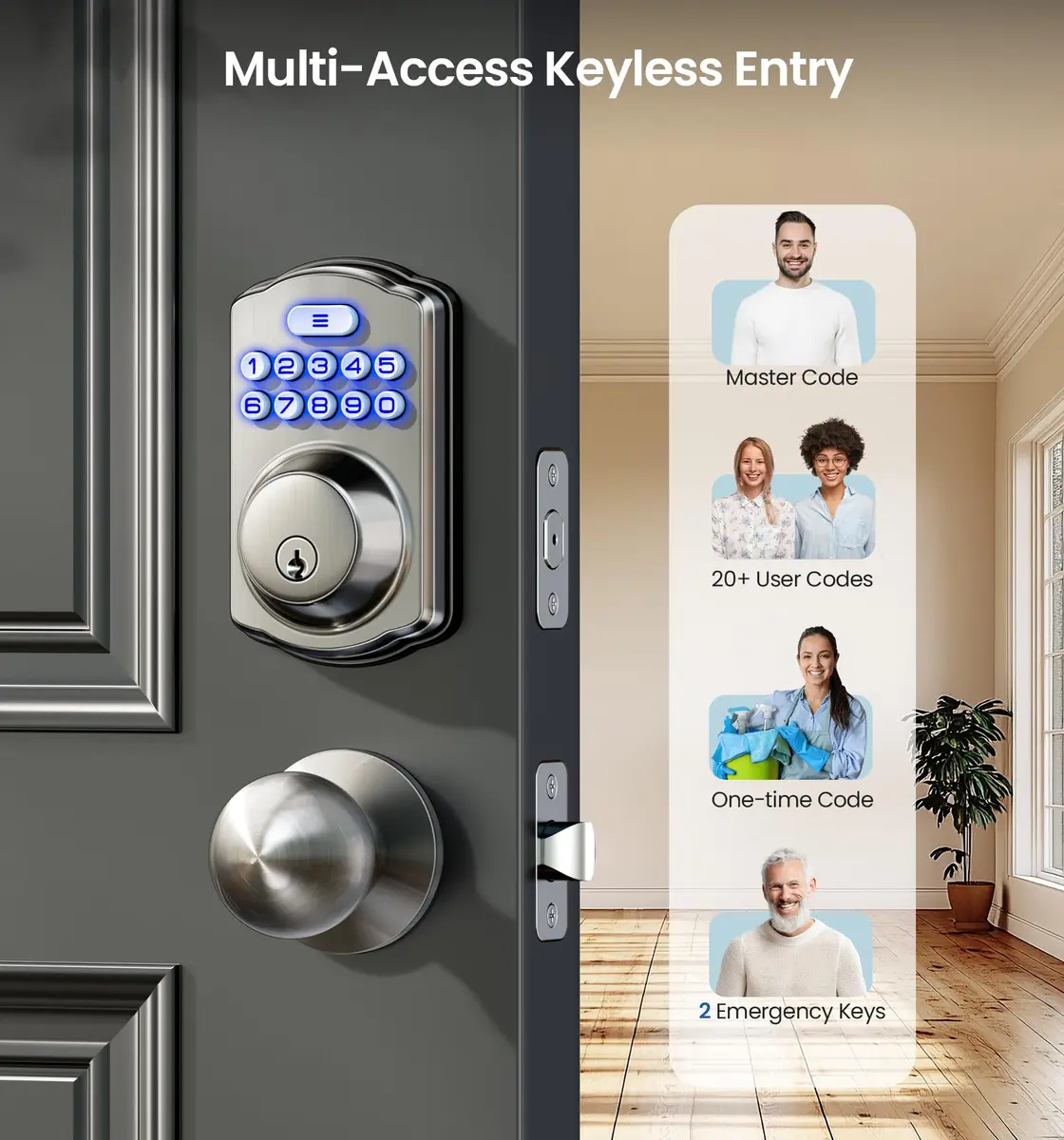Veise KS01C Keyless Entry Deadbolt Door Lock with Knobs, Satin Nickel | ANSI/BHMA Grade 3 Certified, 20 User Codes + Keys - view 2