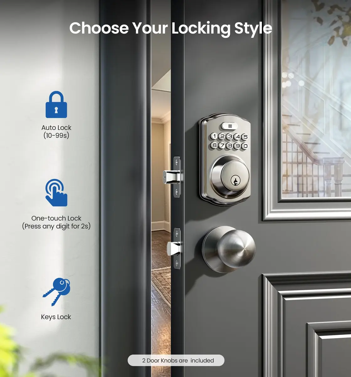 Veise KS01C Keyless Entry Deadbolt Door Lock with Knobs, Satin Nickel | ANSI/BHMA Grade 3 Certified, 20 User Codes + Keys - view 3