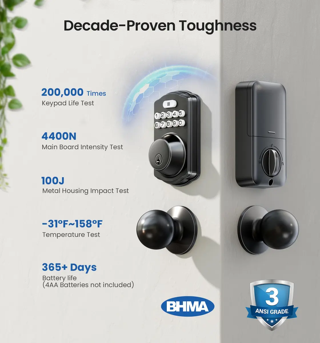 Veise KS01C Keyless Entry Deadbolt Door Lock with Knobs, Matte Black | 20 User Codes, Auto Lock, IP54 Weatherproof - view 5